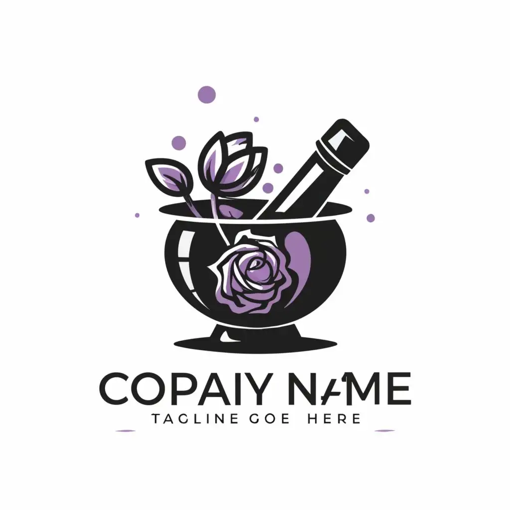 a logo design,with the text "---", main symbol:Create a logo for my apothecary and witchcraft business. It should be round in shape overall. It should be an image of a black mortar and pestle with a purple rose etched on the front. It should have a white background. It should be a simple yet eye-catching modern design with a goth/witchy aesthetic.,Moderate,clear background
