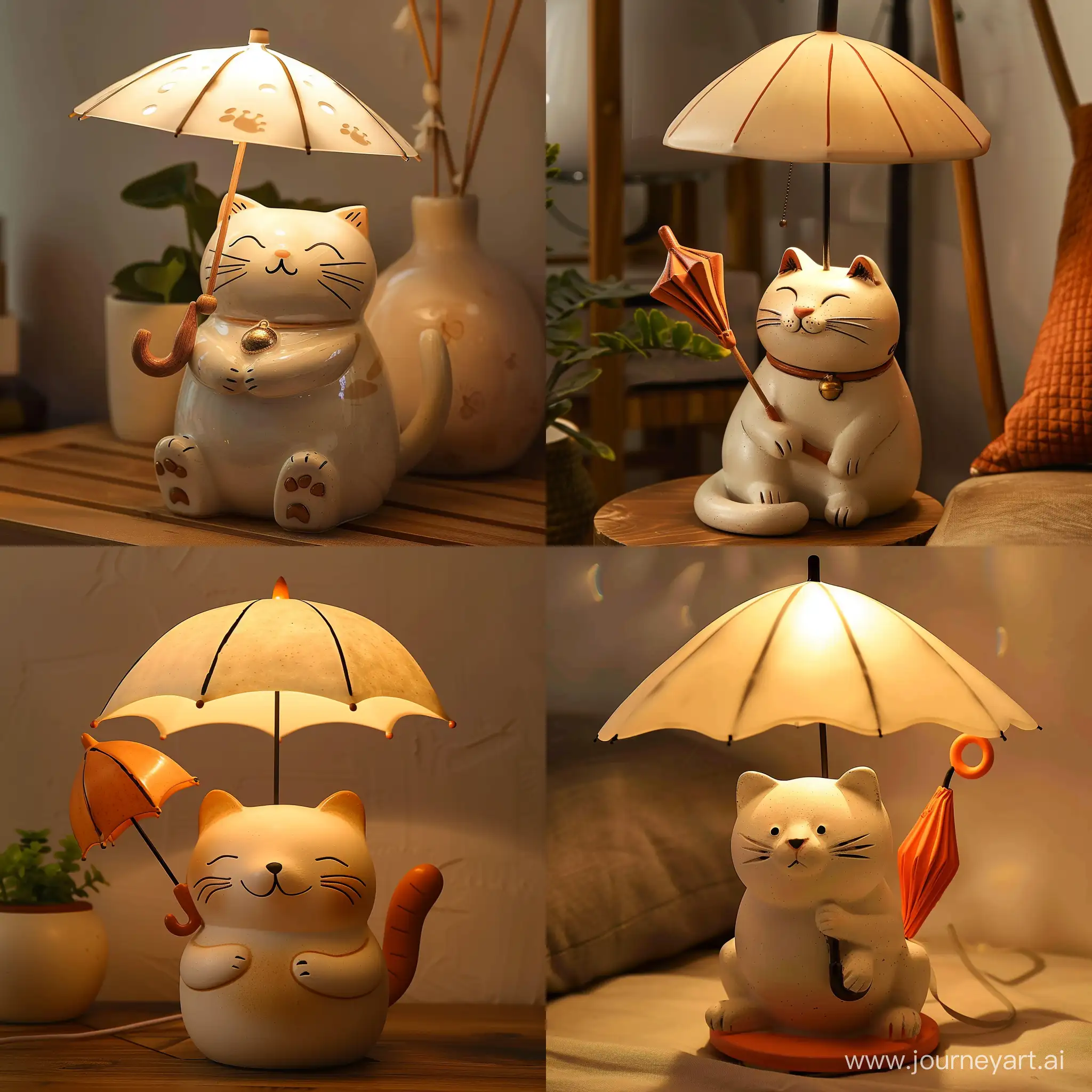 Whimsical-Catthemed-Table-Lamp-with-Umbrella-Shade