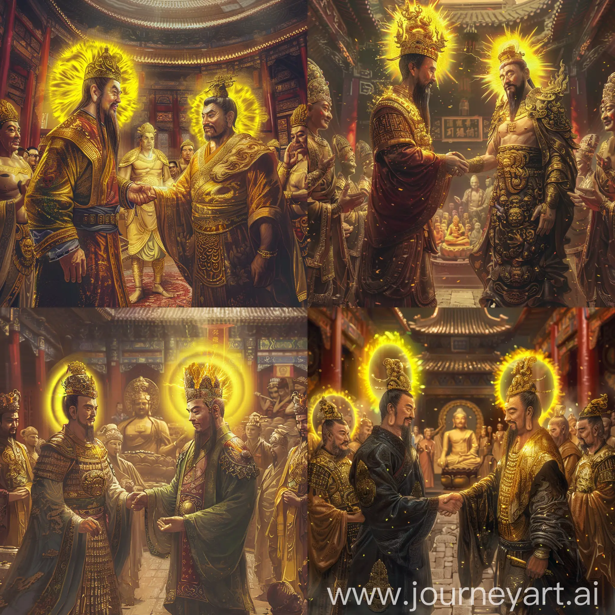 Chinese Qin dynasty emperor is shaking hand with a golden Buddha, both have yellow aurora around their heads. inside a ancient Chinese Palace with other medieval Chinese gods and other Buddhas, during a banquet