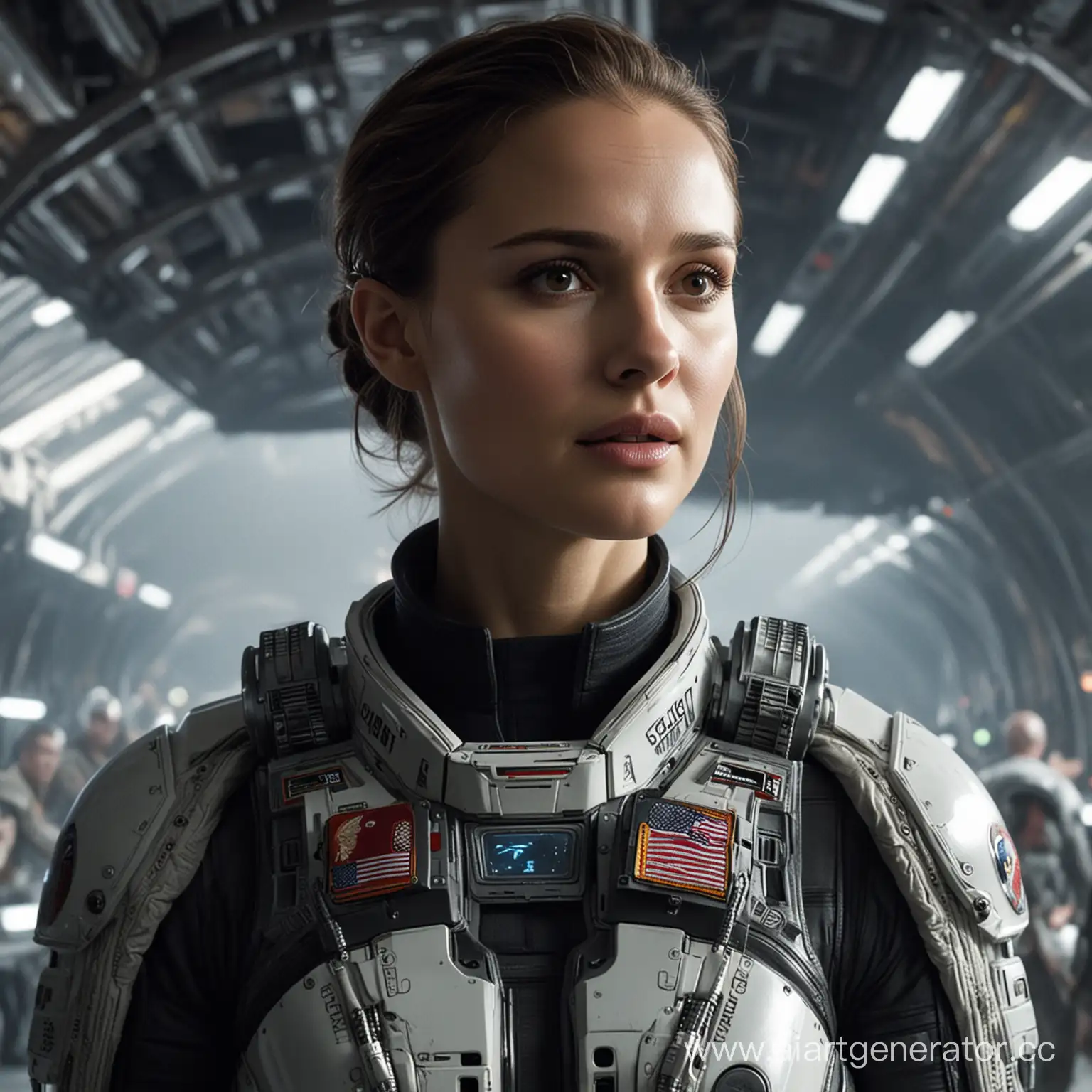 natalie portman, sci-fi, futuristic soldier returning to base, alien space station