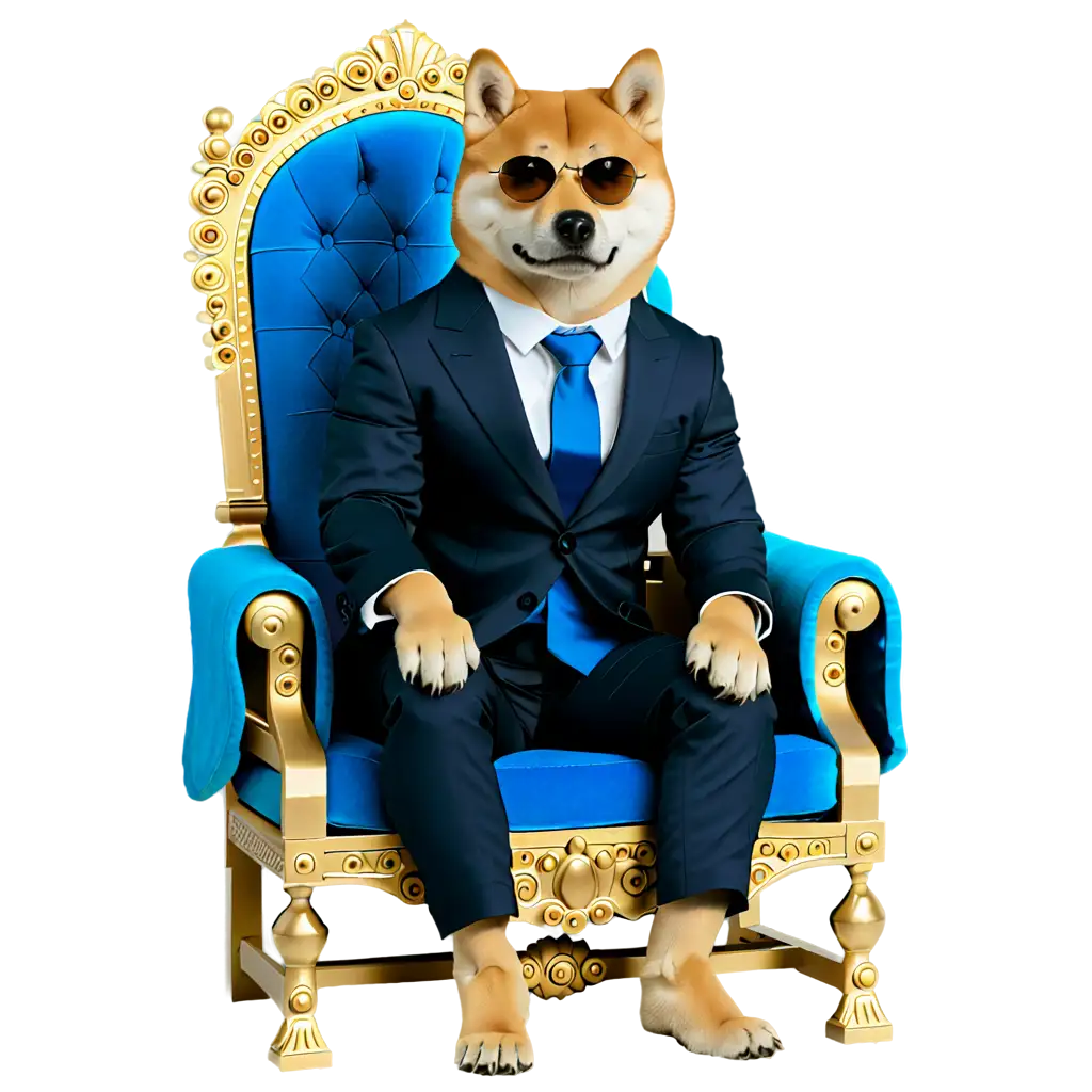 a shiba sitting on king's throne like human, wearing black shades, wearing blue suit, paws.  best image.