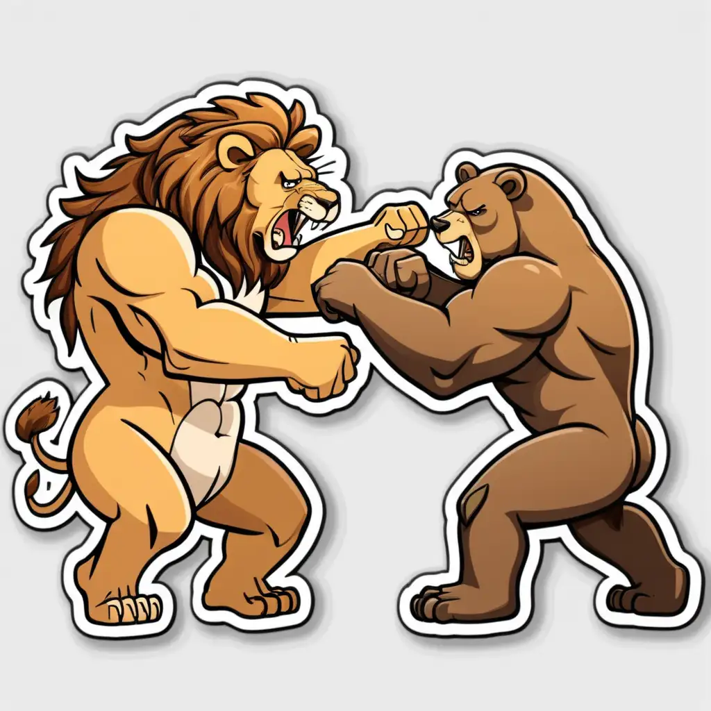 Epic Cartoon Battle Muscular Lion vs Bear Trading Reation Sticker