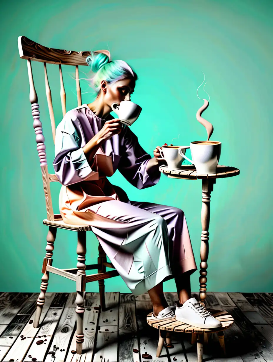 surrealism art copybara drinks coffee on the wooden chair pastel colors