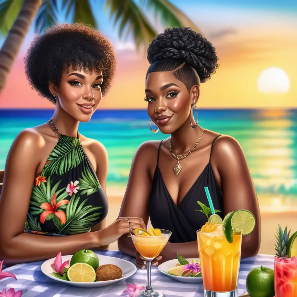 An realistic beautiful
Black thick woman wearing beautiful black pixie short haircut hairstyle,  at a Jamaican luxury Resort Vacationing wearing a beautiful summer dress having dinner and tropical drinks on the beach    with her bestie
