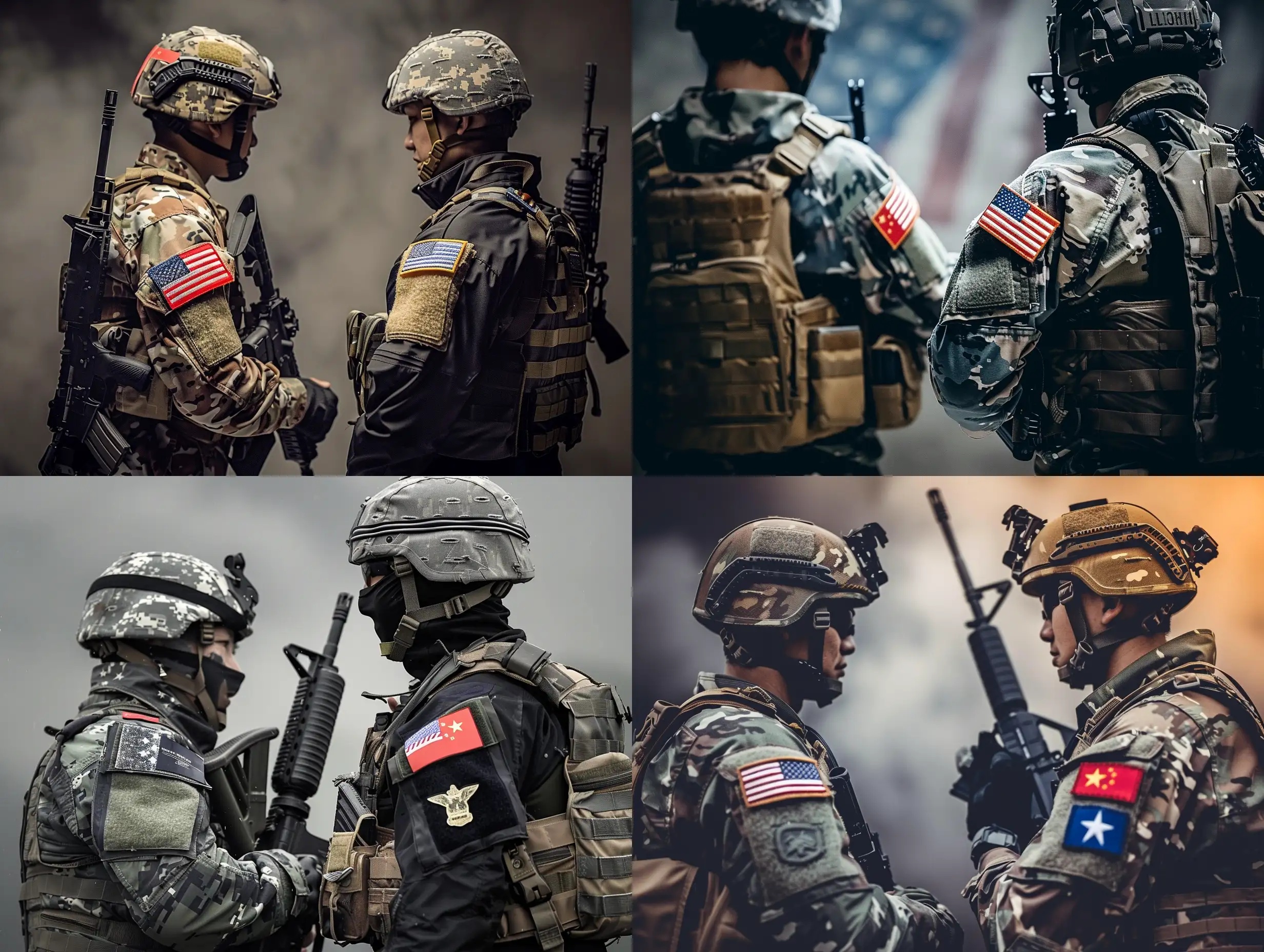 Dramatic photo. Fully armed soldiers stand facing each other. One soldier is Chinese, the other American. Both have their country's flag prominently displayed on their sleeve.