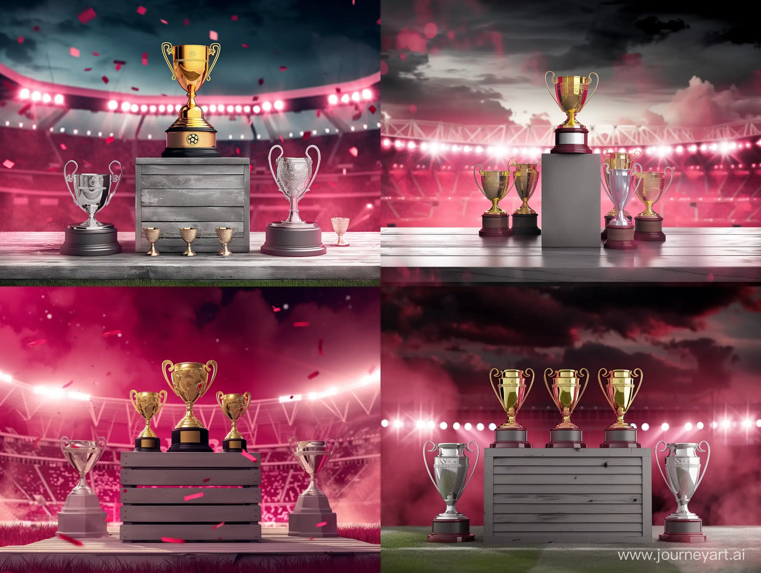 podium with gold and silver trophies in the soccer stadium with dramatic night lights, use grey and red dark pink colours