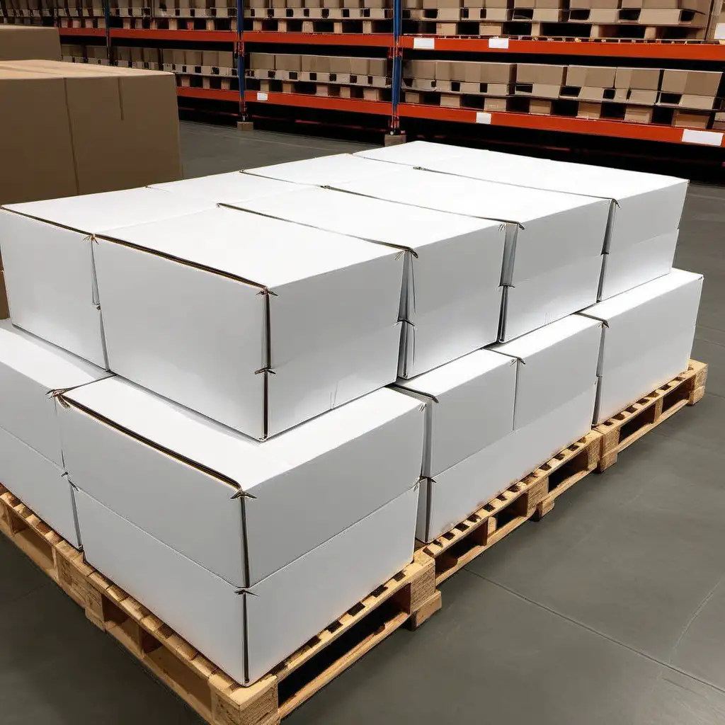fifteen white rectangular cartons::3 in a warehouse