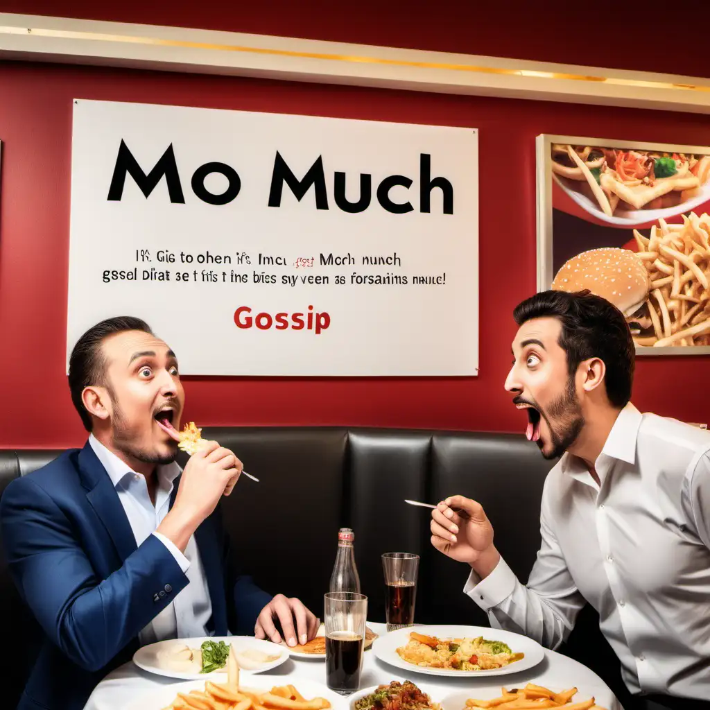 two gentlemen engaged in fun conversation whilst eating in a bustling dining establishment in Dubai, with a big sign in the left corner saying 'Mo Gossip' and another sign saying 'N Munch' in the other corner.
