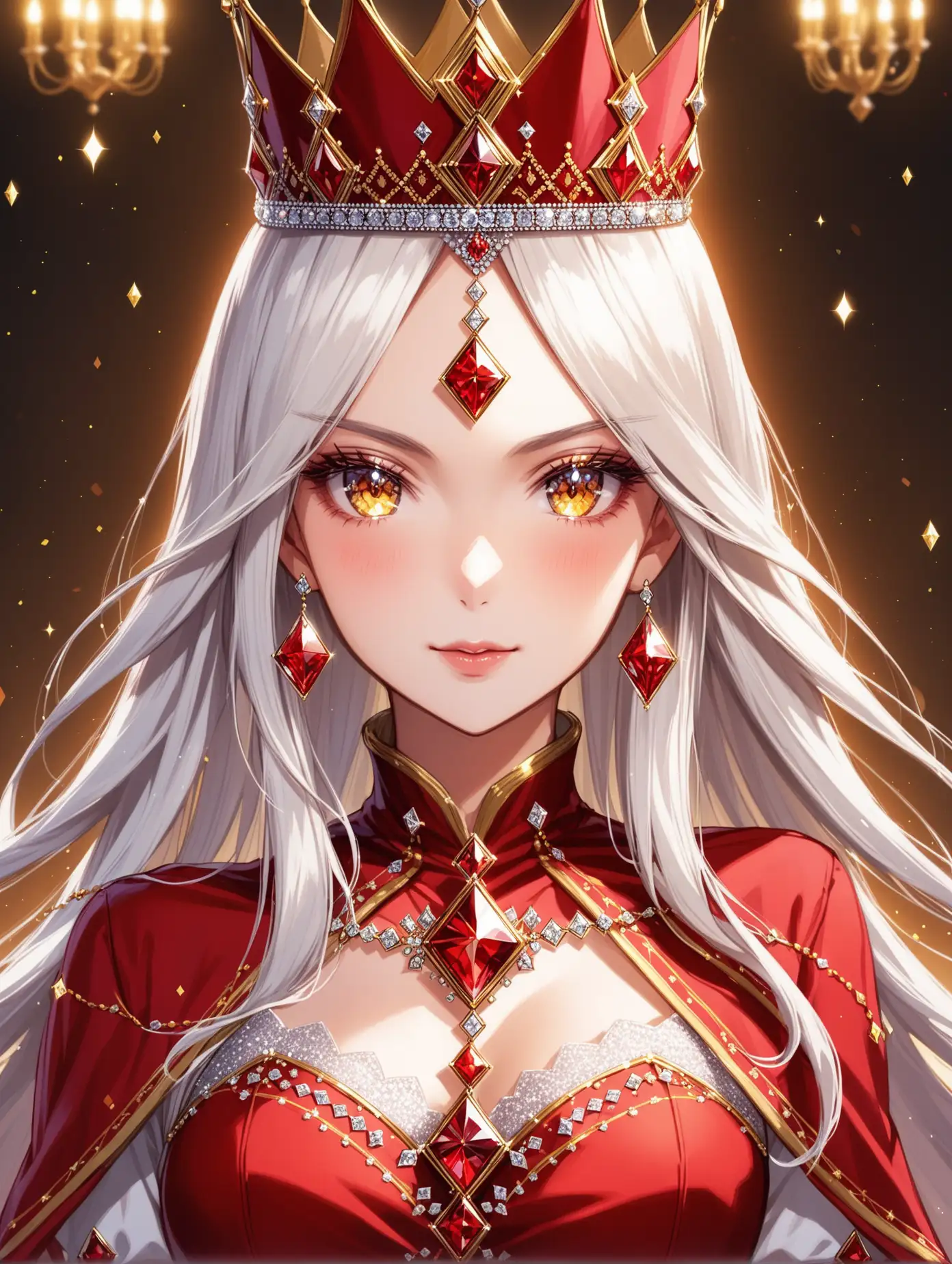 Regal Queen Holding Ace Card with Red Diamond Crown