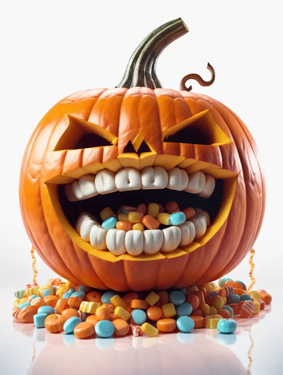 image of a Halloween style pumpkin with cheeky expression. Double exposure. Lots of candy pouring out its mouth. On a white background in 16:9 ratio 