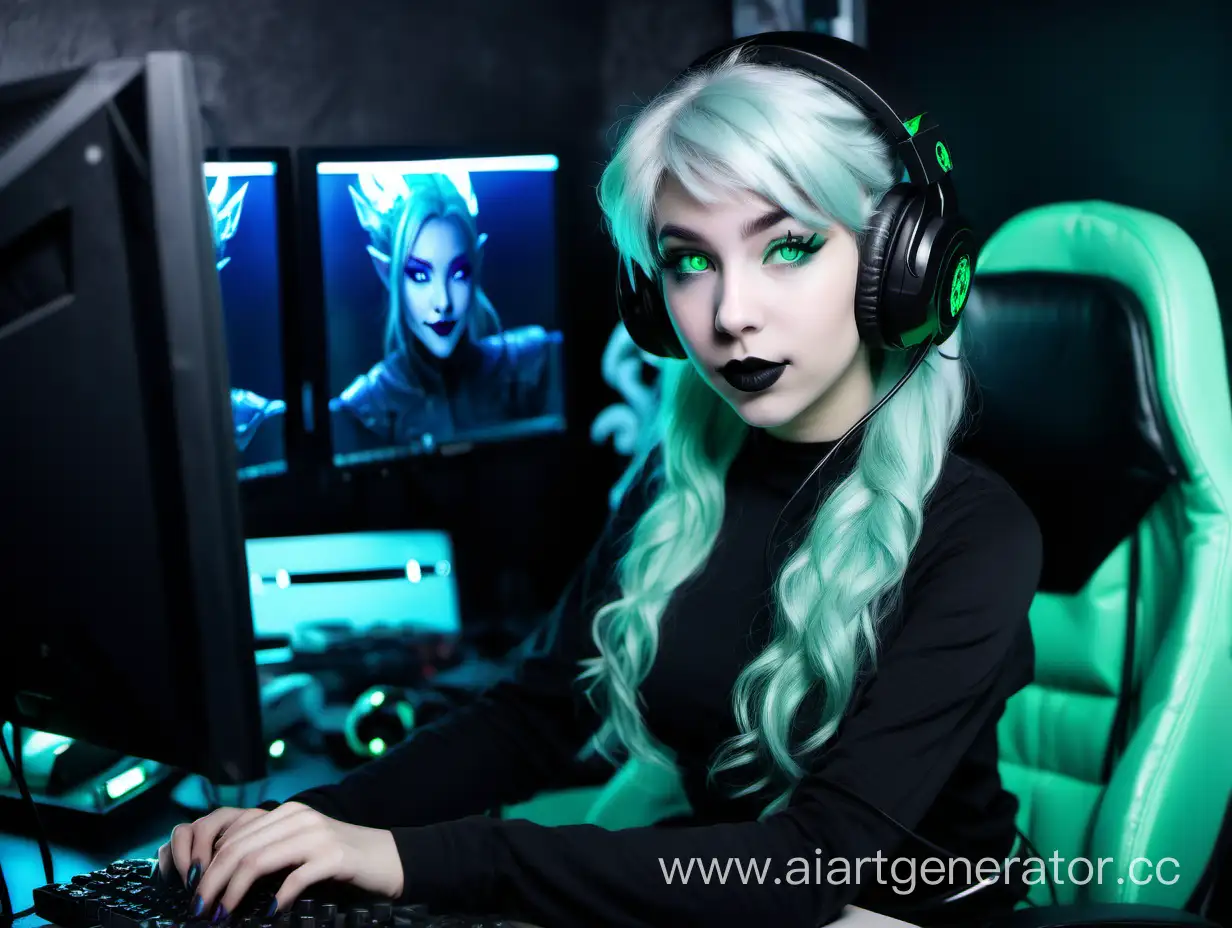 Dragon-Girl-Gamer-with-Silver-Hair-and-Black-Lipstick-Behind-Gaming-Computer