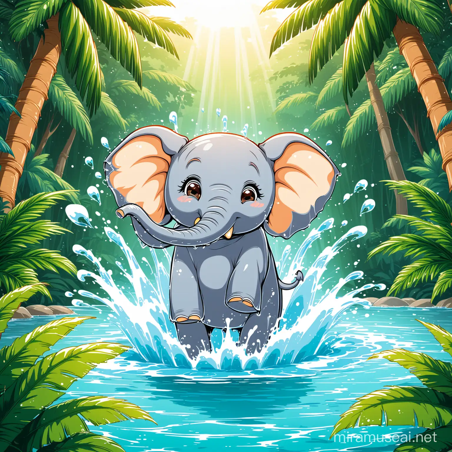 Jungle Elephant Playfully Splashing Water in Cartoon Style