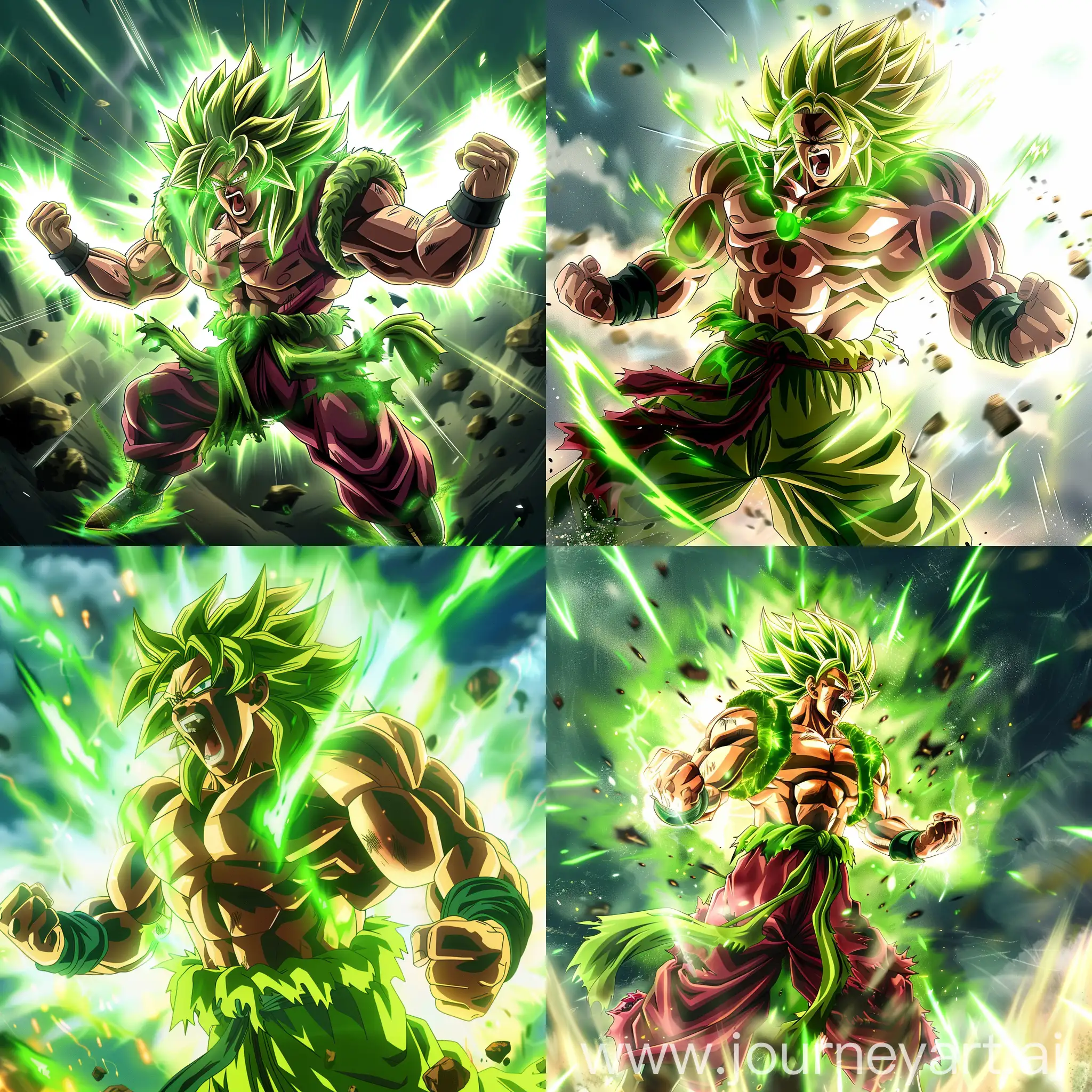 Broly the legendary super saiyan powering up to full power, intense, fierce, bursting green aura, roaring, powerful, big, strong, crushing, exploding with aura and power