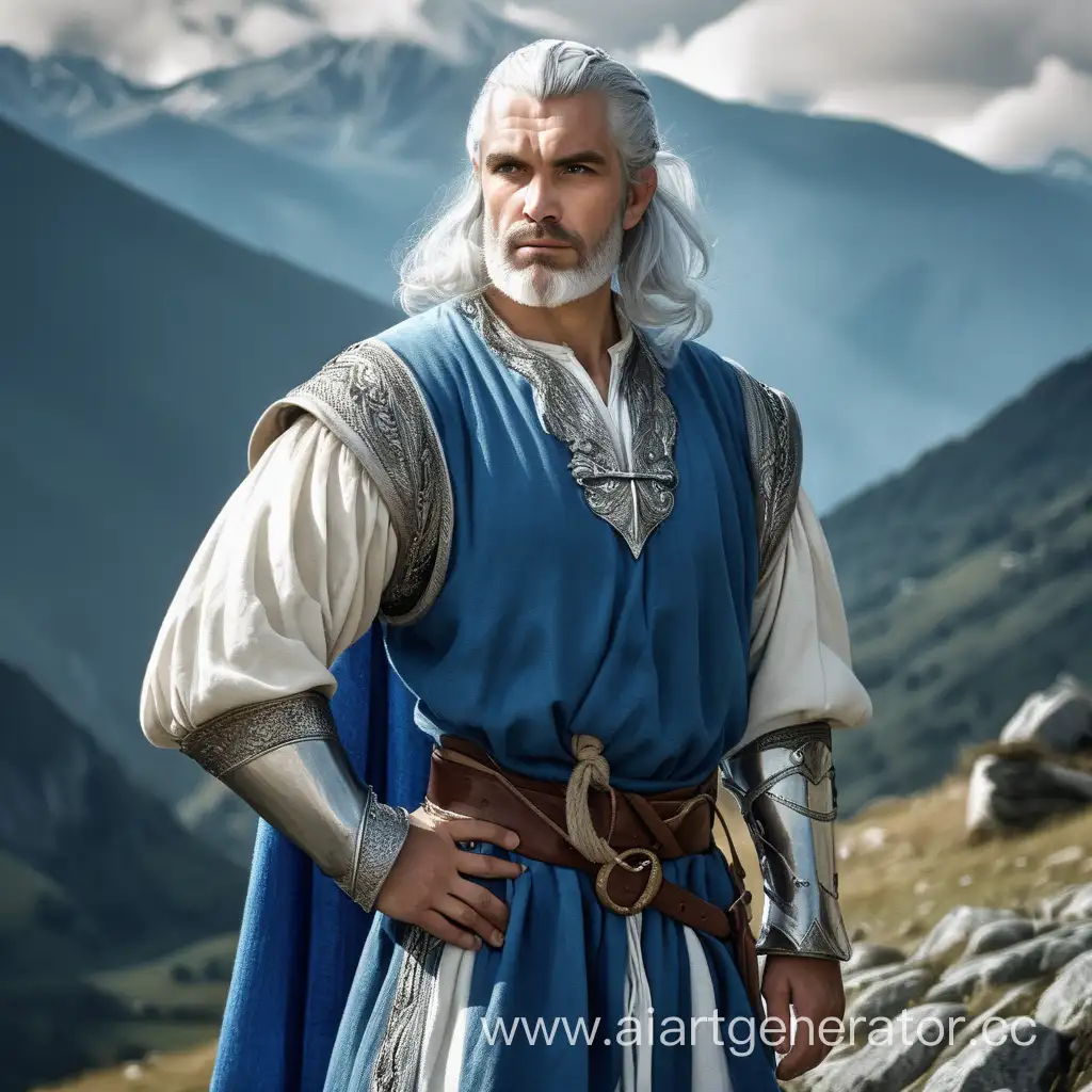 Medieval-Man-with-Strong-Silver-Hair-in-Blue-and-White-Attire-Against-Mountain-Backdrop