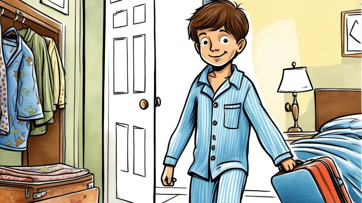 illustrate A ten-year-old  brown haired boy takes his blue pajamas out of his suitcase in his bedroom