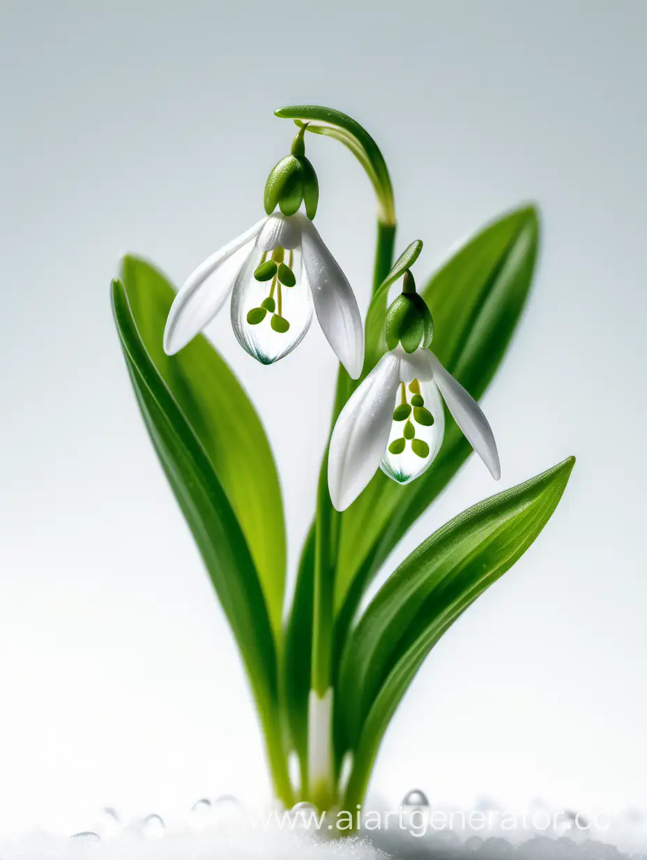 AllFocus-Snowdrop-Wild-Flower-with-Fresh-Green-Leaves-on-White-Background
