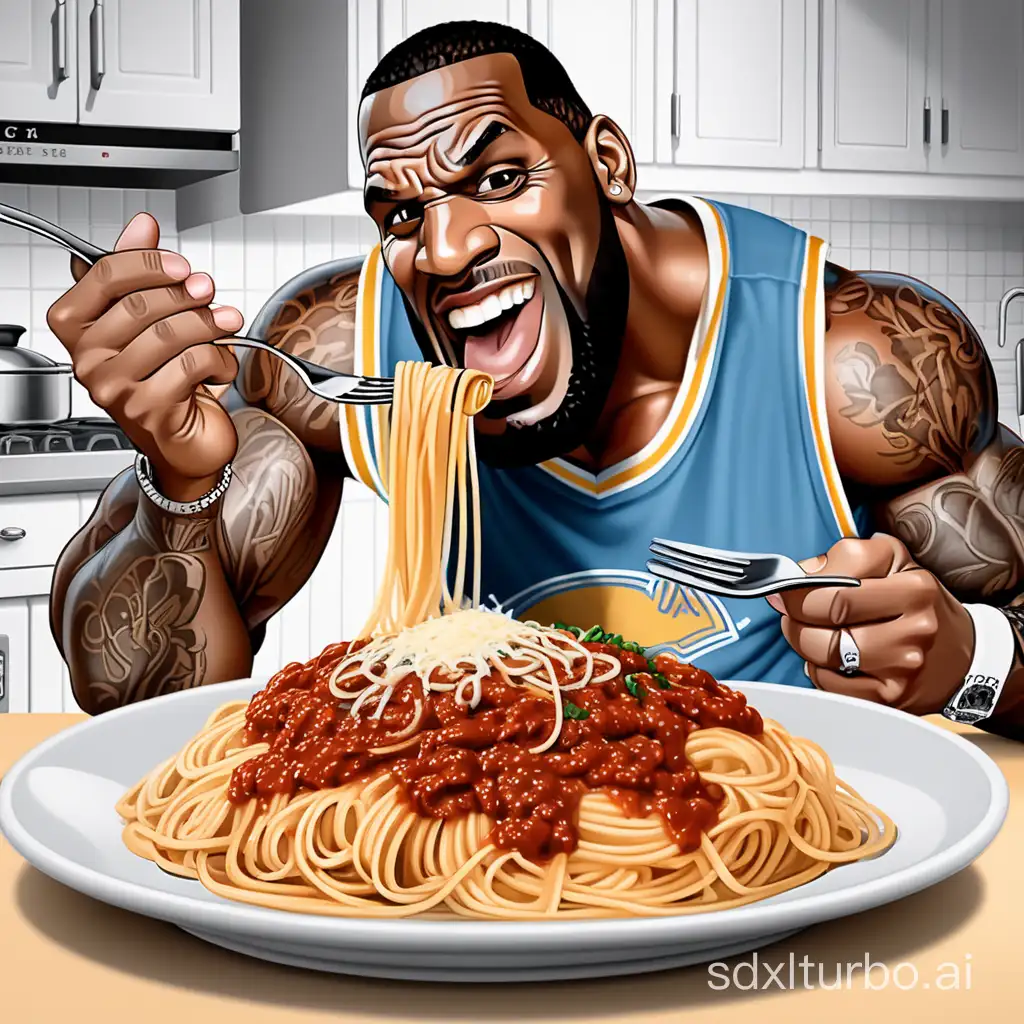 spaghetti with cheese and meat sauce. in a plate on the counter. with fork and spoon. animated. with the rock eating it while lebron watches
