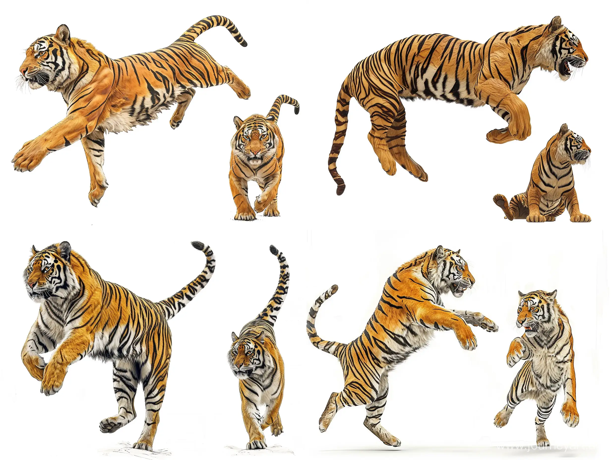 Professional sketch for wooden sculpture, a full-length tiger jumping full-face and in profile, professional dynamic character, front back view and side view, wood carving, white background, 8k Render, ultra realistic