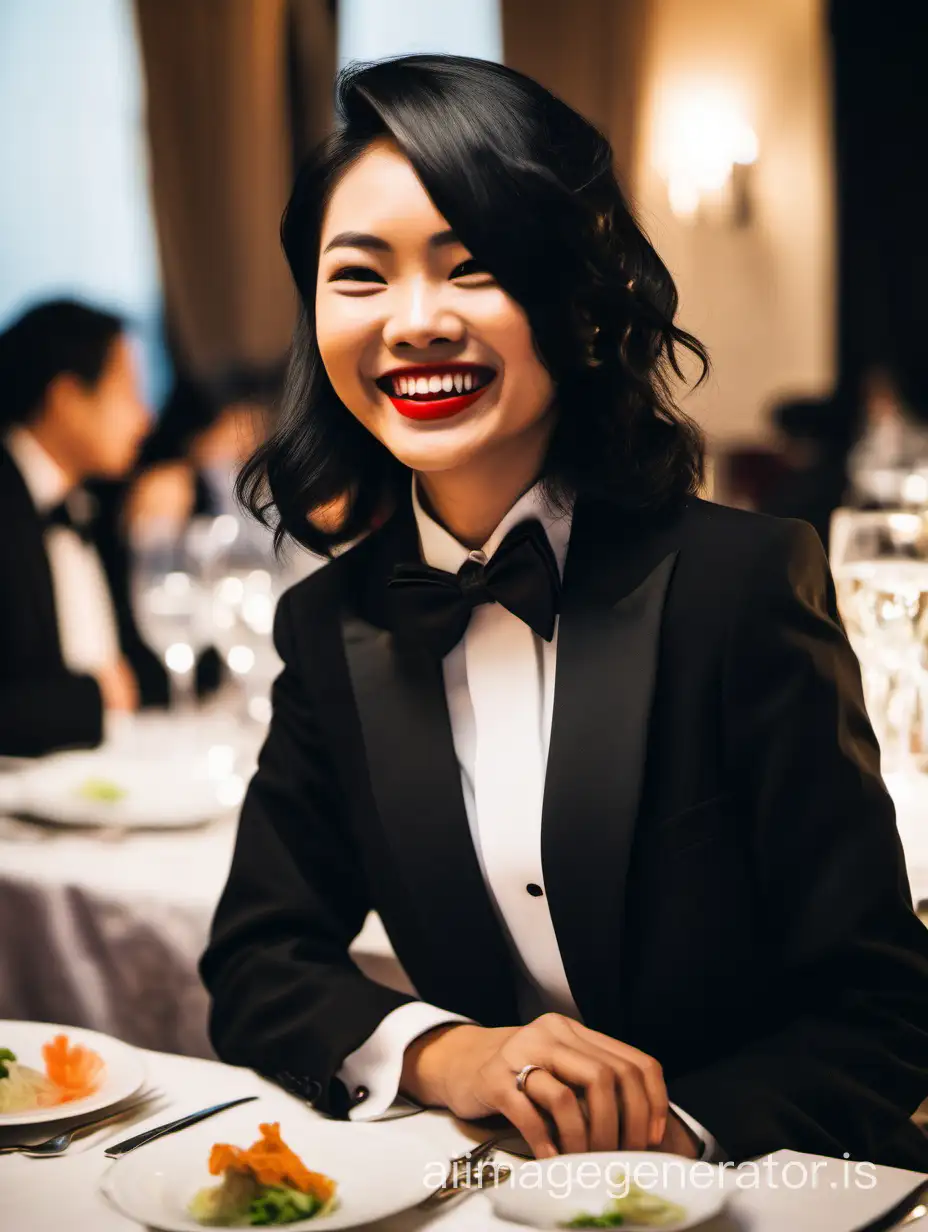 25 year old smiling and laughing Vietnamese lady with shoulder length black hair and lipstick wearing a tuxedo with a black bow tie and cufflinks. She is at a dinner table.