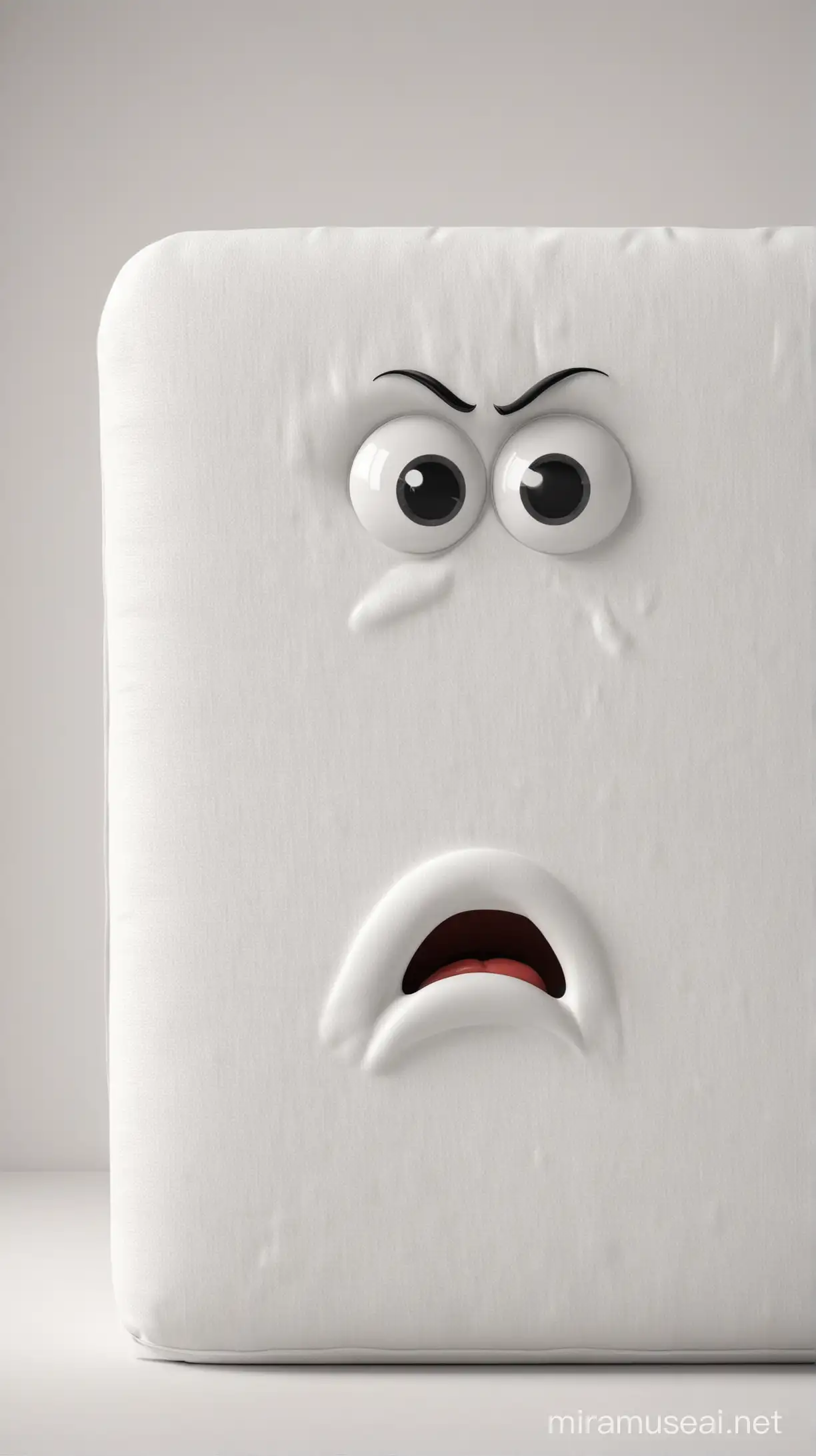 Cunning Angry White Mattress Character with Eyes and Mouth Standing