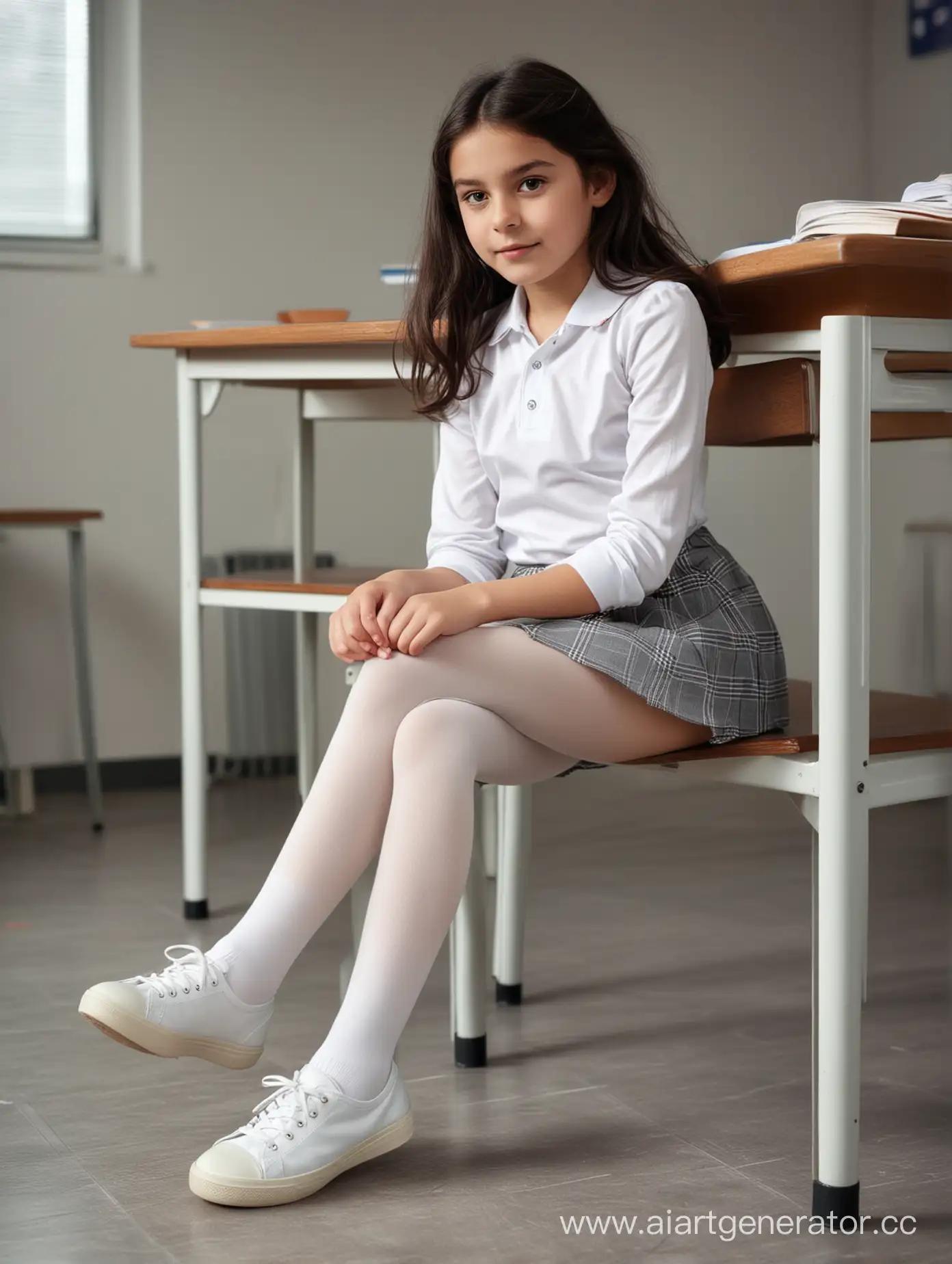 A little girl, 10 years old, in classroom, school skirt, white opaque tights, sport shoes, dark hair, turkish, 8k sharp, soft light, very close shot, lying on the desk's side,  very slim legs,