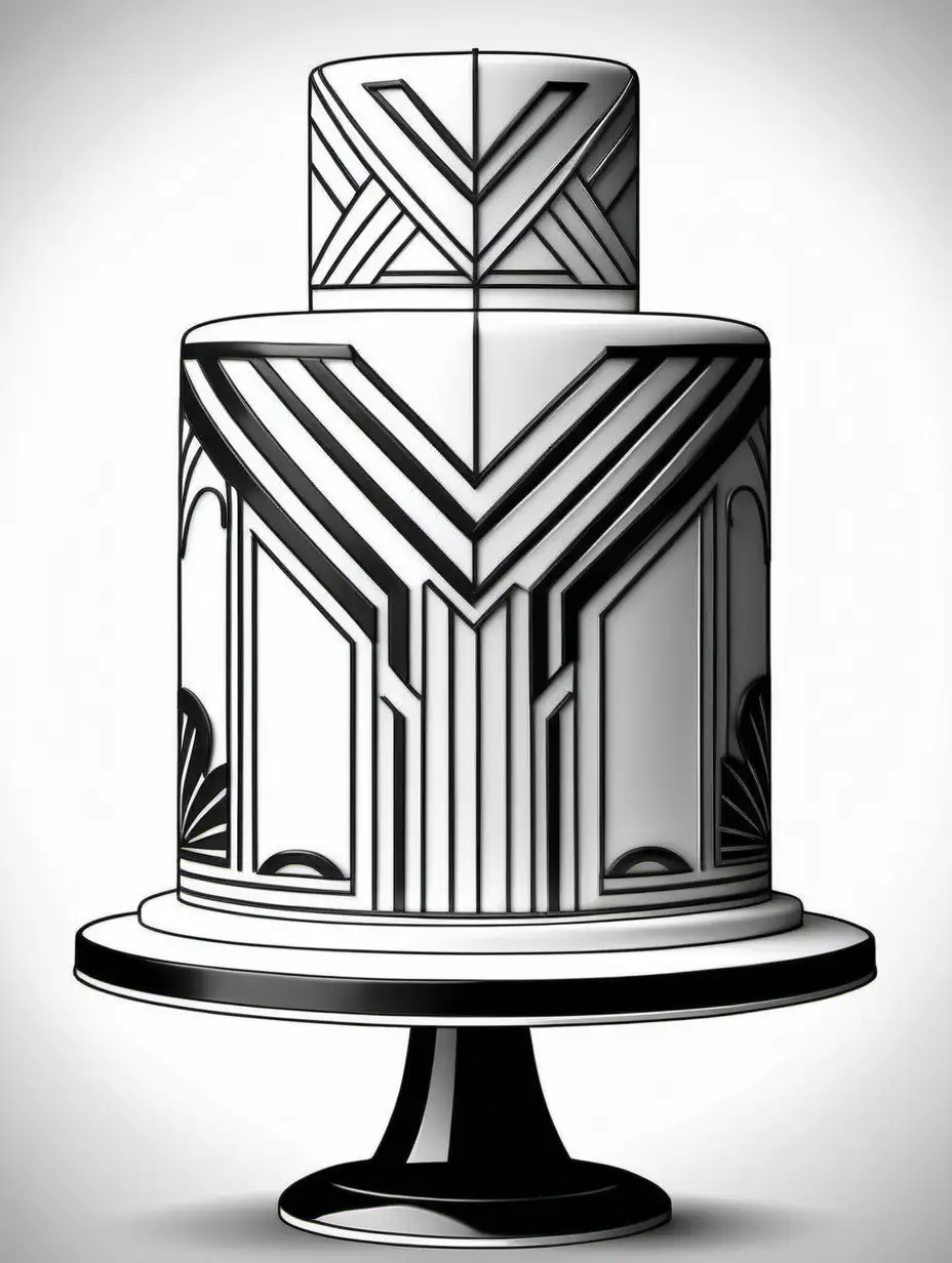 Line art, Incorporate the bold and geometric patterns of the Art Deco era for an elegant and sophisticated cake, black and white, colouring page 