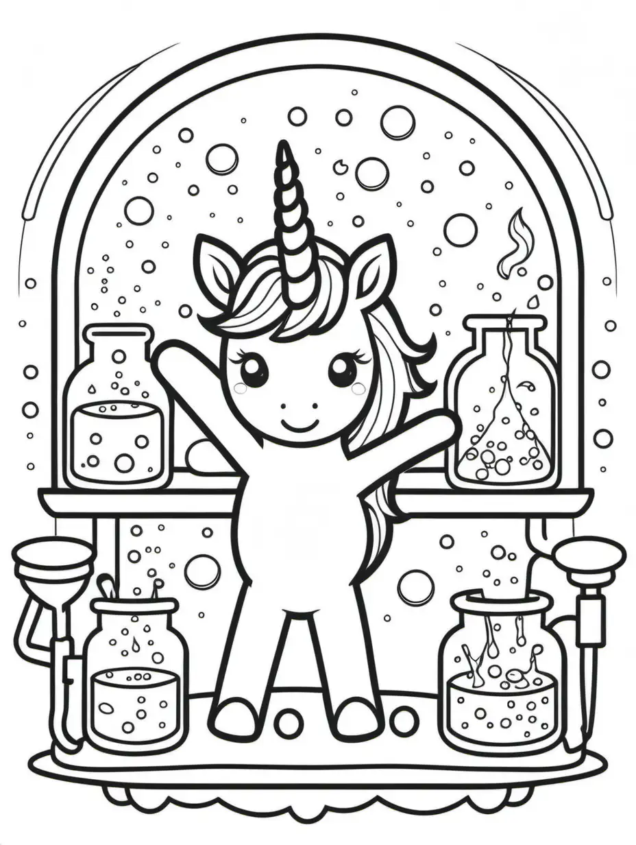 Create a simple, minimalistic coloring page featuring cute unicorn in a magical laboratory brewing colorful potions. Aim for simplicity and clean lines, making this coloring page an appealing and easy to color design for children aged 4.