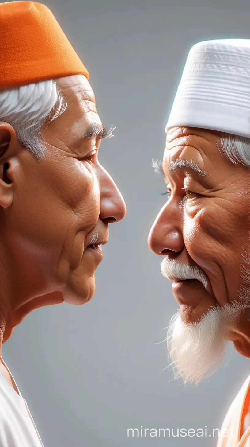 Illustration of an Indonesian grandfather with olive skin, partly white hair, wearing a white Hajj cap, wearing a white t-shirt, face to face and chatting with a fat, thick-haired orange cat. the image is close up and ((image seen from the side of the cat and grandfather facing each other)) clear. 3d, high resolution