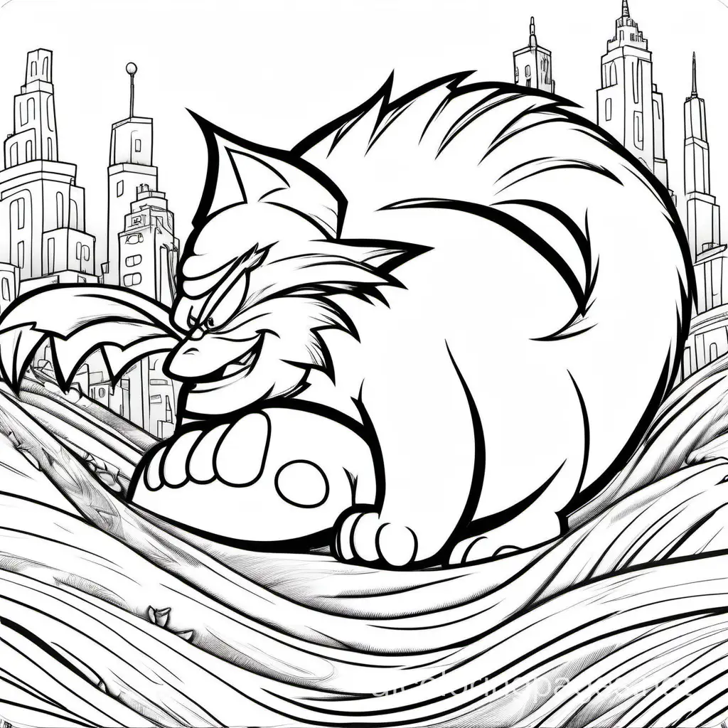 At the same time, TAILS suddenly flew up to reveal a large lump under the hard latex cloth. Trump couldn't help but notice the big monster coming out of his tail., Coloring Page, black and white, line art, white background, Simplicity, Ample White Space. The background of the coloring page is plain white to make it easy for young children to color within the lines. The outlines of all the subjects are easy to distinguish, making it simple for kids to color without too much difficulty