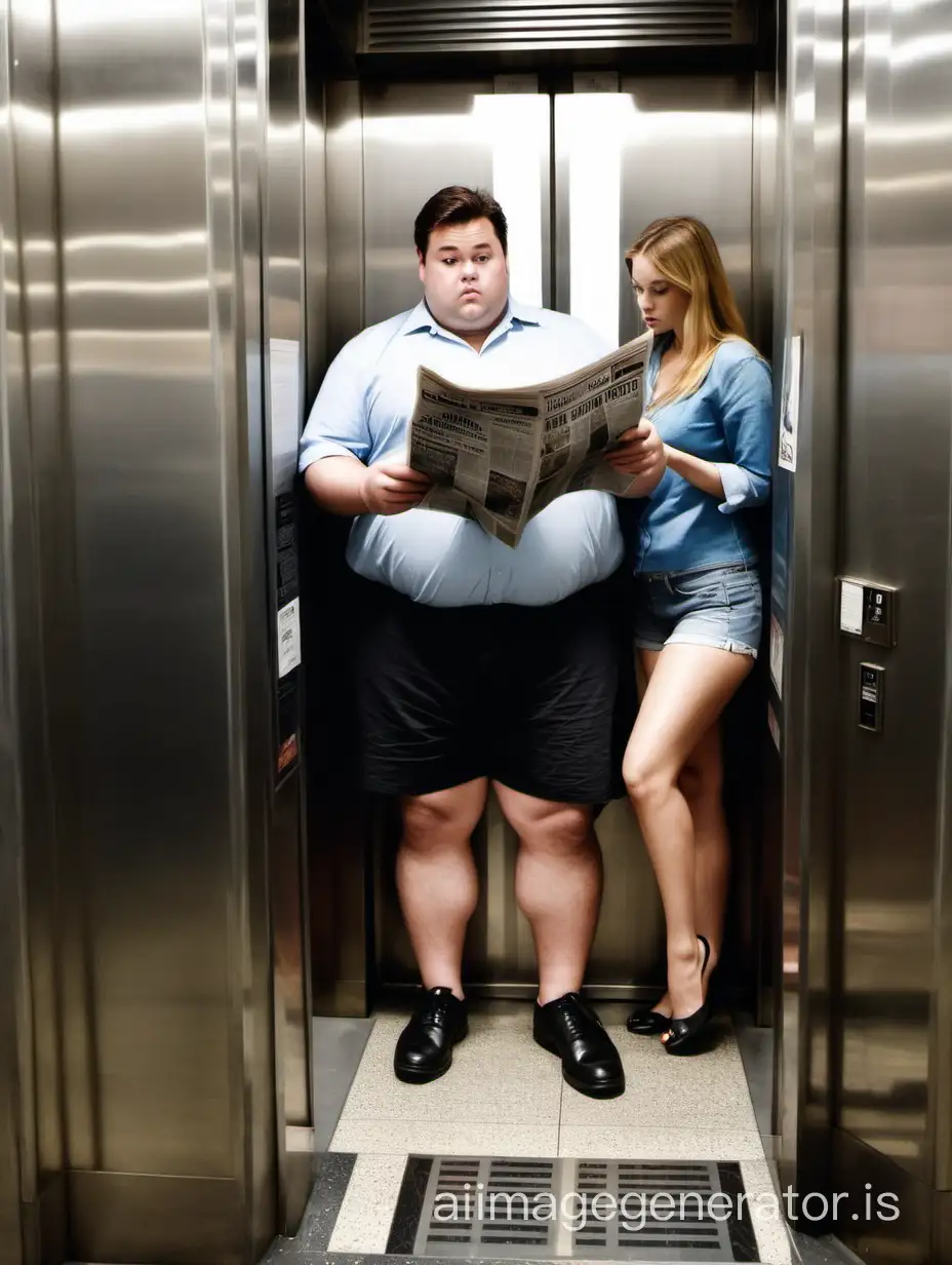 A chubby man wearing shorts and black shoes reading the newspaper in an elevator next to women, viewed from outside the elevator.