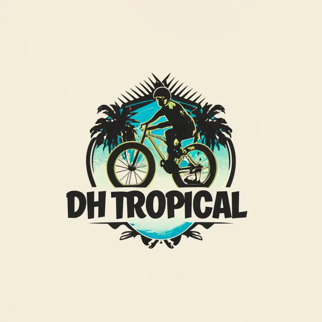 a logo design,with the text "DH Tropical", main symbol:mountain bike, palm tree, biker, tropical,Minimalistic,clear background