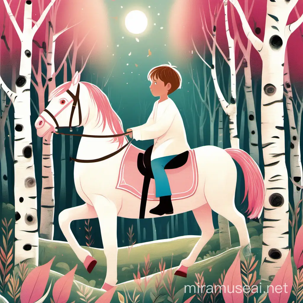 a boy in simple white linen clothes rides a pink horse through a birch forest