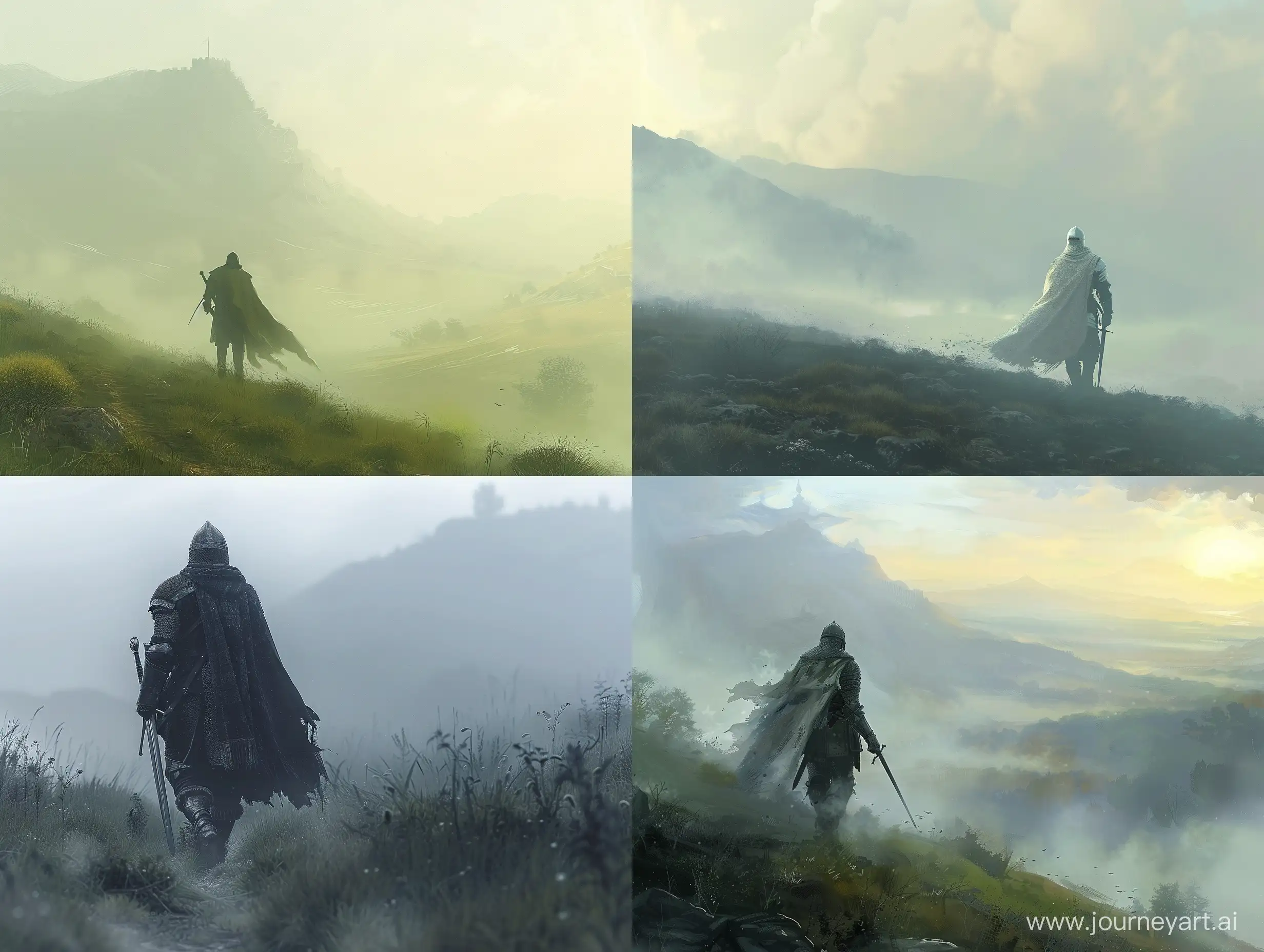 В утреннем тумане по предгориям идёт одинокий рыцарь 