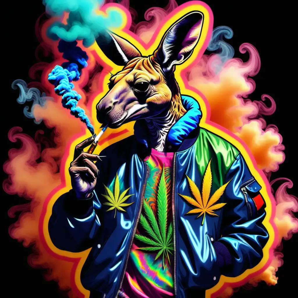 Psychedelic image of a high weed kangaroo smoking a joint with colorful smoke. Wearing a bomber jacket. 