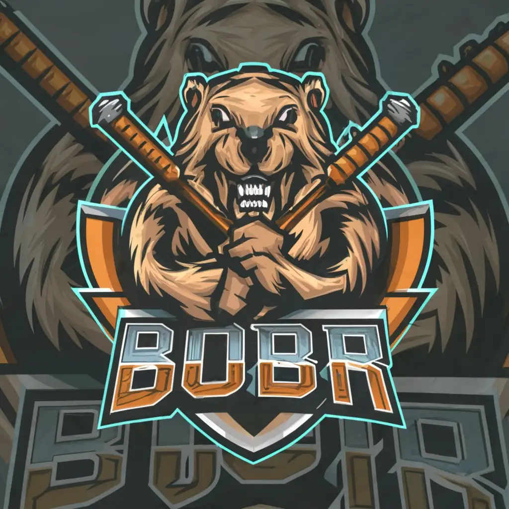 a logo design,with the text 'BÓBR', main symbol:beaver with wooden dagger, to be used as a gaming team logo,Moderate,clear background