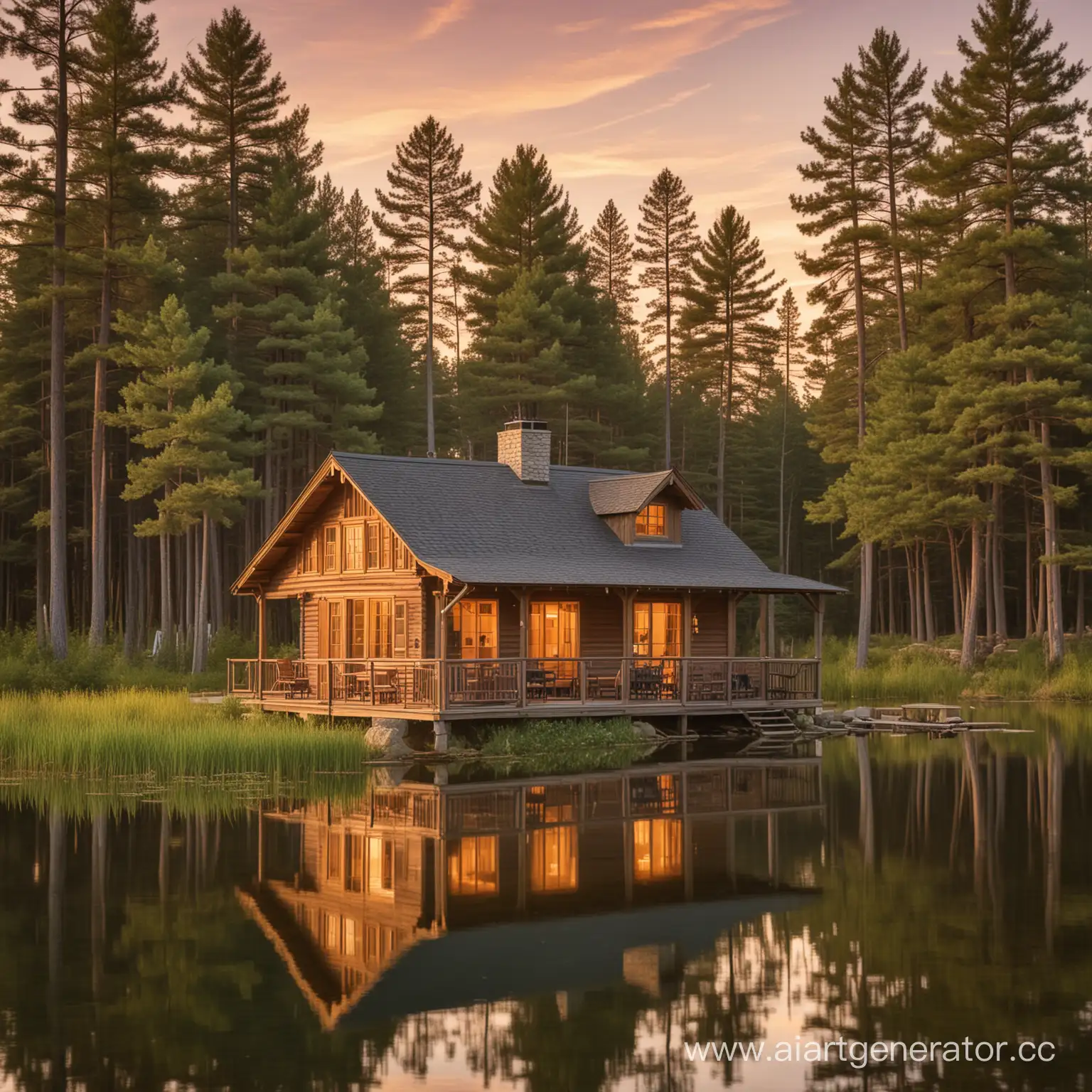 Rustic-Lakeside-Cottage-with-Sunset-Glow-Amid-Pine-Forest