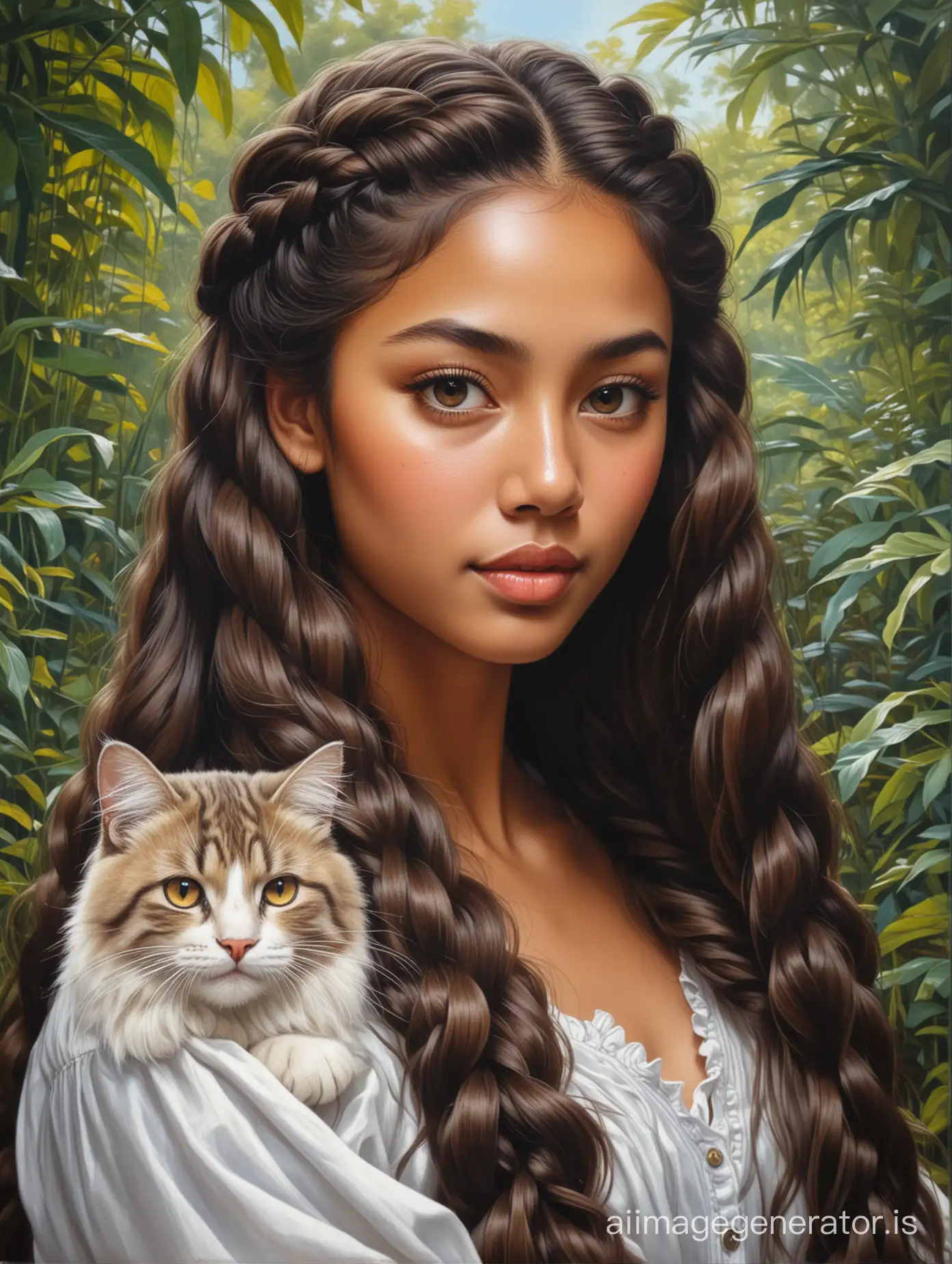 Cole detailed front view oil painting of long braided FLOWING hair [dark-skinned] [royal] pretty Pinay maiden sitting in a botanical garden, with very thick hairy eyebrows with very big bright cat eyes