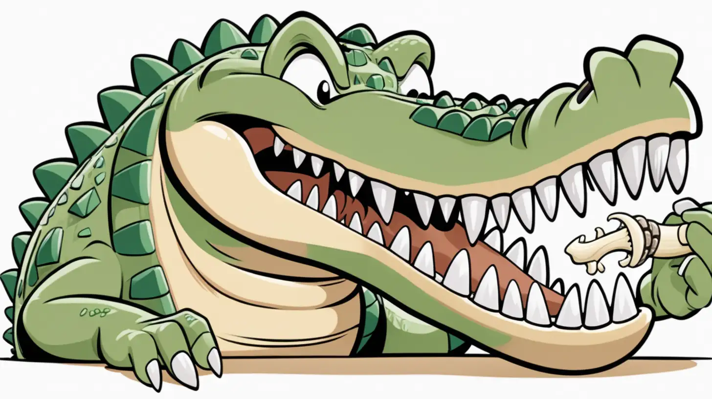 create a cartoon image of a crocodile flossing his teeth with a human bone