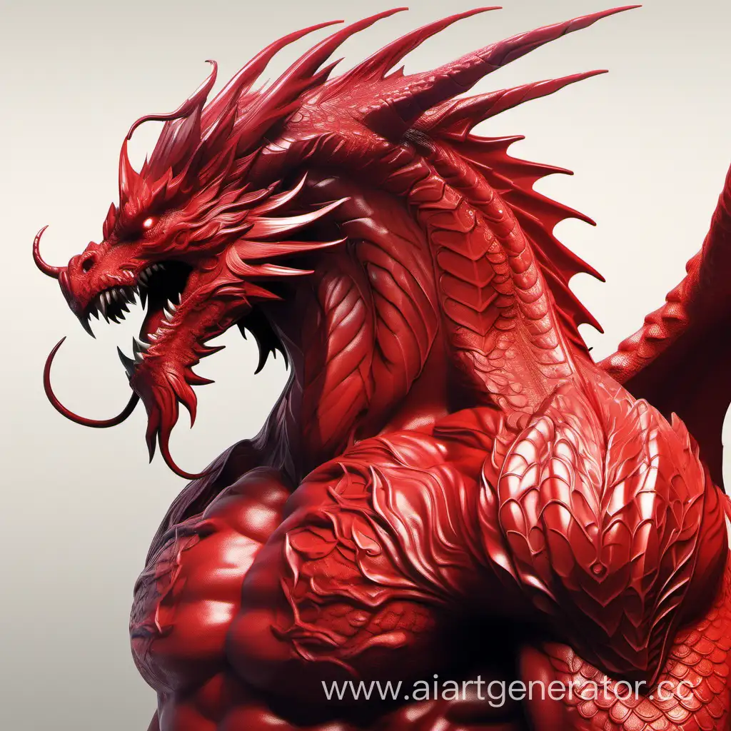 Красный, прекрасный дракон, с мощным торсом и красивыми мускулами