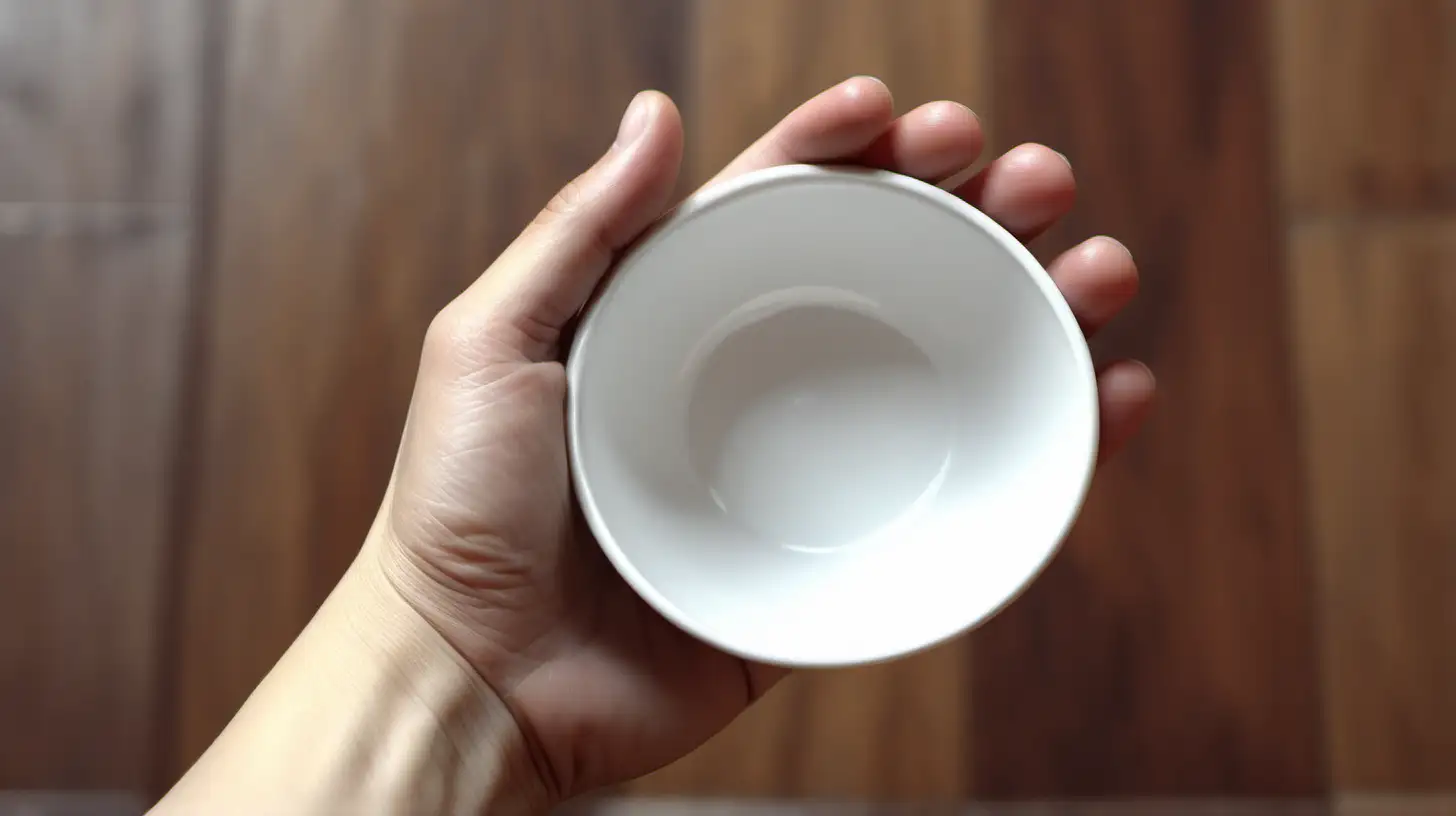 one hand holding small white bowl. Close up. On wood Floor. make the image lighter