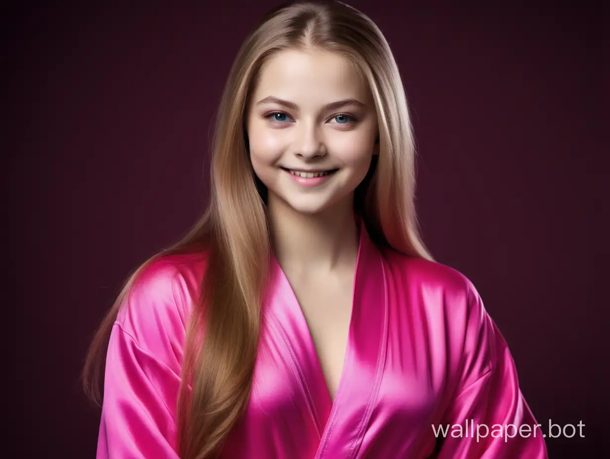Sweet Yulia Lipnitskaya with long straight silky hair Smiling in Luxurious Pink fuchsia Silk robe