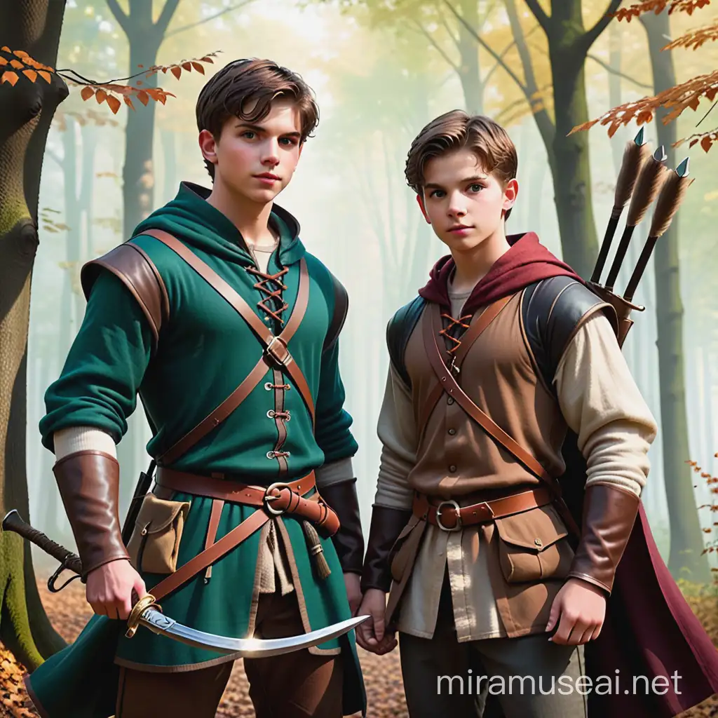 Medieval Young Men Hunters Exploring the Forest for Game