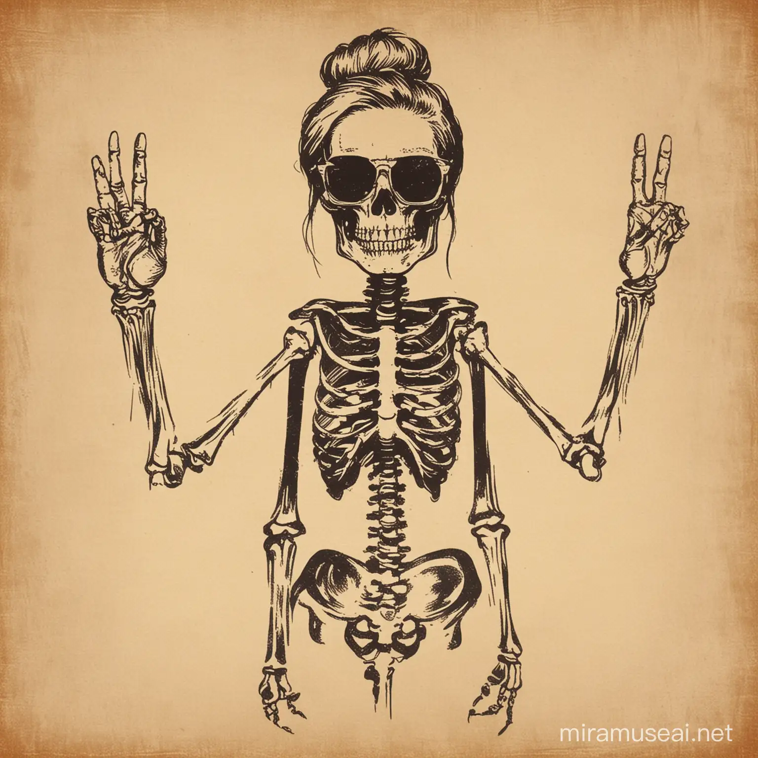 Vintage Skeleton with Bun Hairstyle and Glasses Holding Two Fingers Up