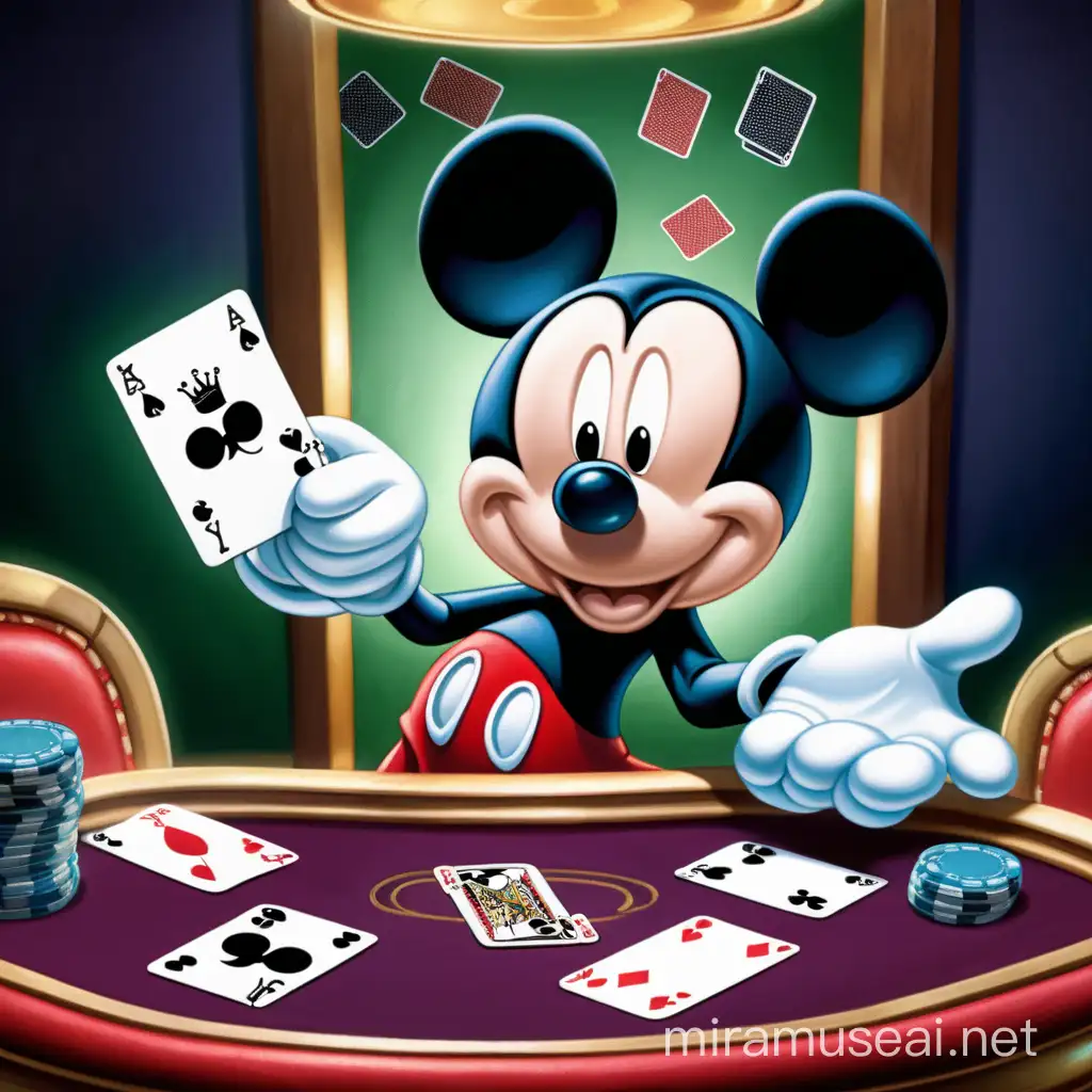 Produce a picture of Mickey mouse holding cards on a poker table 
Shiny iridescent