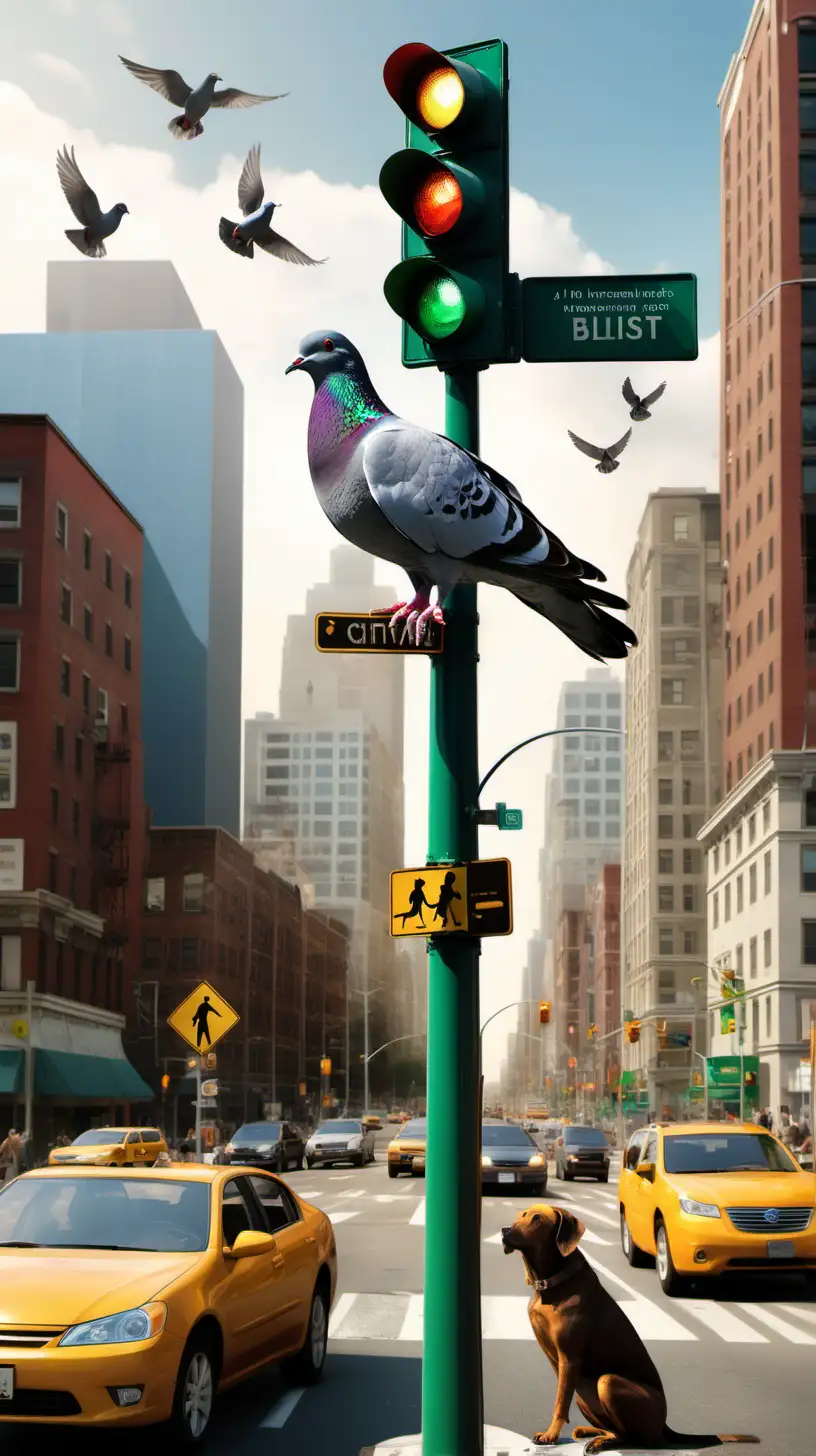 Harmonious Metropolis: A Dialogue Between Species" - Craft an ultra-realistic, bustling city scene where humans and animals are depicted in mid-conversation, capturing the essence of a world where species communicate. Highlight a pigeon perched on a traffic light engaging with a pedestrian, a dog leaning out of a car window 'talking' to its human, and a vibrant backdrop of a city that has adapted to this interspecies dialogue.