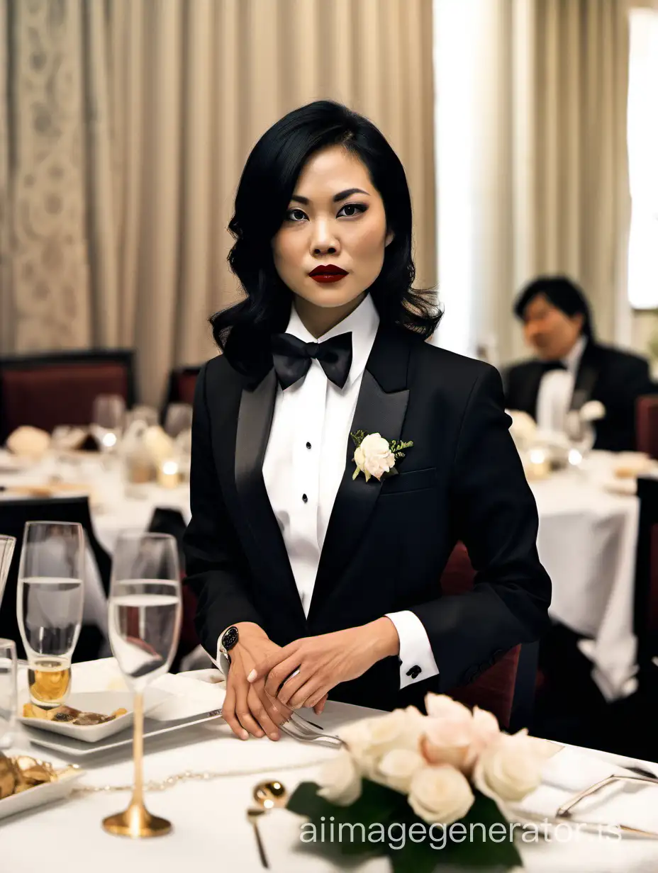 30 year old stern vietnamese woman with shoulder length black hair and lipstick wearing a tuxedo with a black bow tie. (Her shirt cuffs have cufflinks). Her jacket has a corsage. She is at a dinner table.
