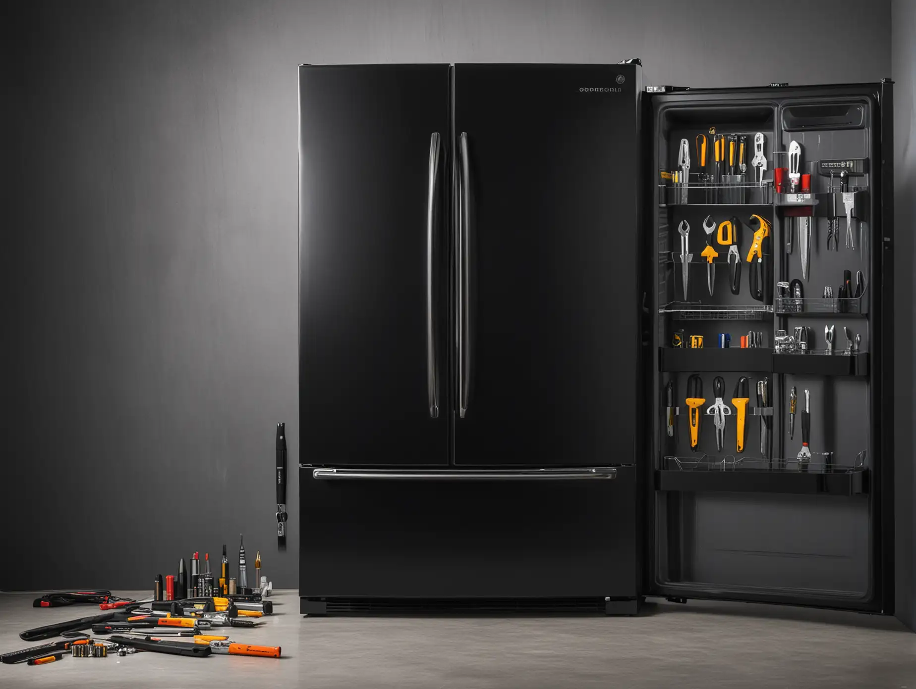 Фотография дорогого холодильника черного цвета, рядом с ней отвертки и гаечный ключ