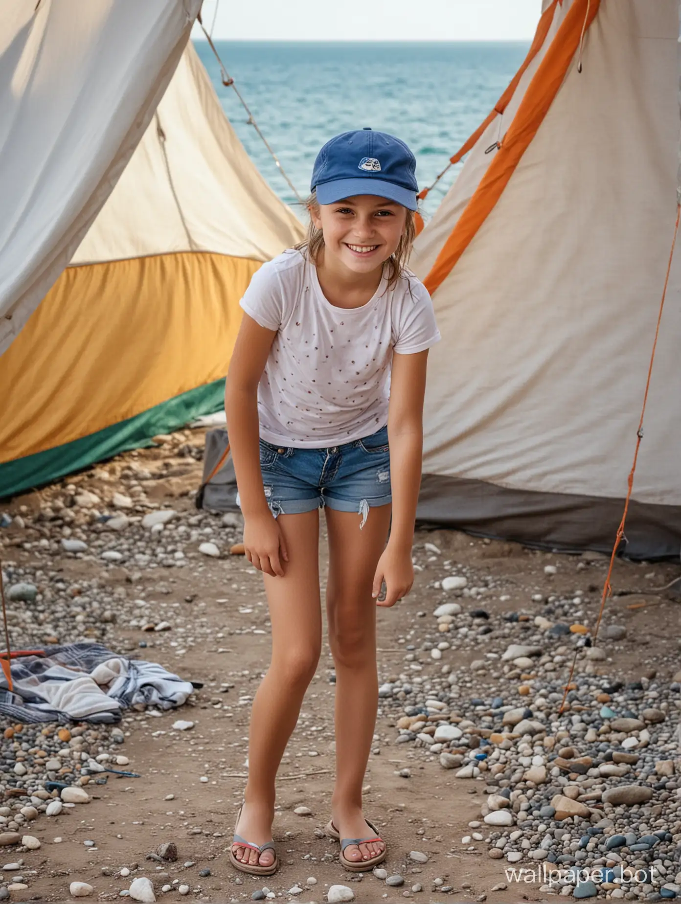 11-year-old girl in shorts and a cap by the tent, Crimea, sea in the distance, full-length, smile, tents in the distance, dynamic poses, rear view, tight shorts with holes