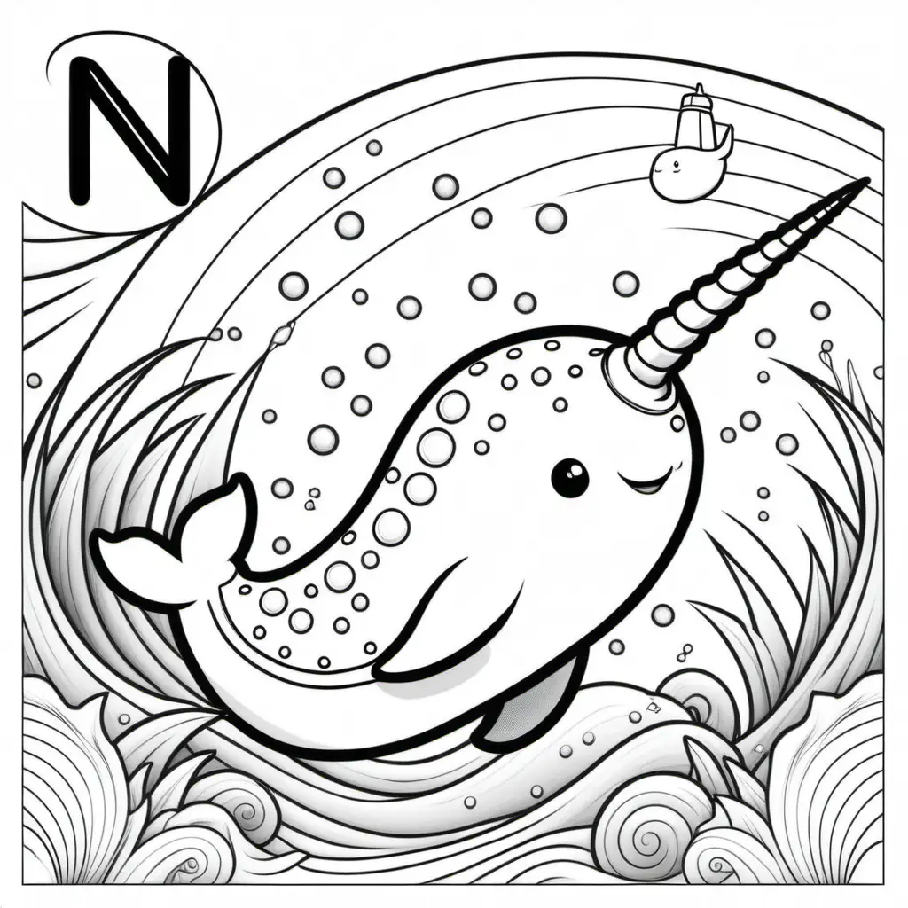 Educational Coloring Fun Letter N with Narwhal for Kids