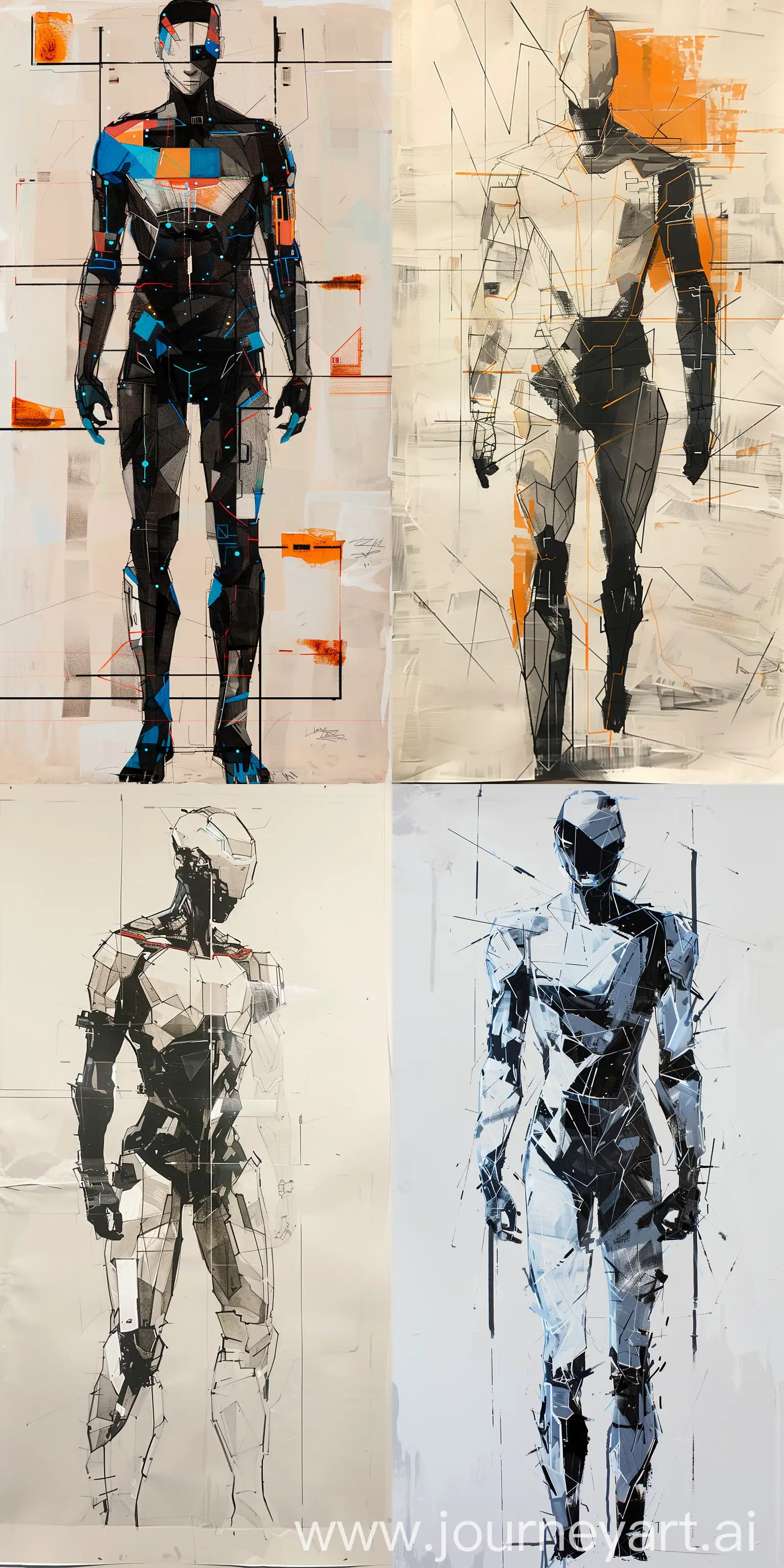 abstract geometric full-length sketches of male android from Detroit Become Human, tons of acrylic --ar 1:2